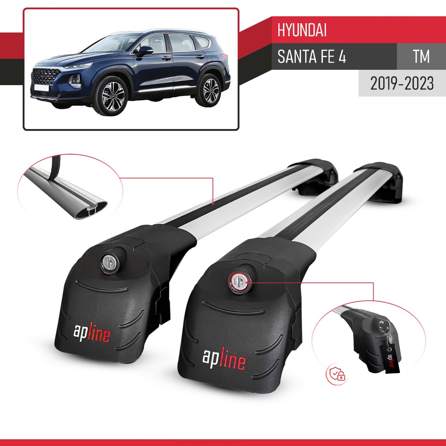 Compatible con Hyundai Santa Fe 4 (TM) 2019-2023 ACE-2 Barras de Techo Auto Portaequipajes Barras Transversales Gris Aluminio 2 Barras