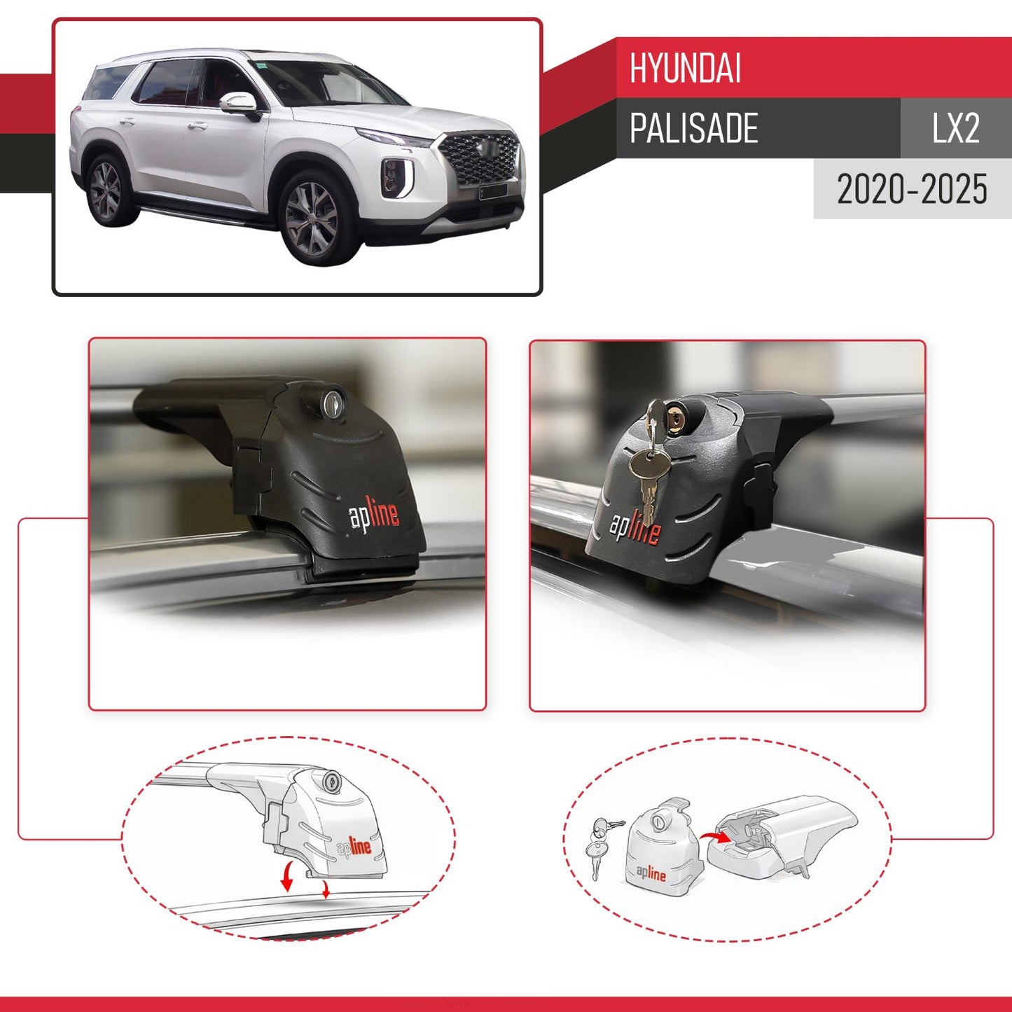 Compatible con Hyundai Palisade (LX2) 2020-2025 ACE-2 Barras de Techo Auto Portaequipajes Barras Transversales Gris Aluminio 2 Barras
