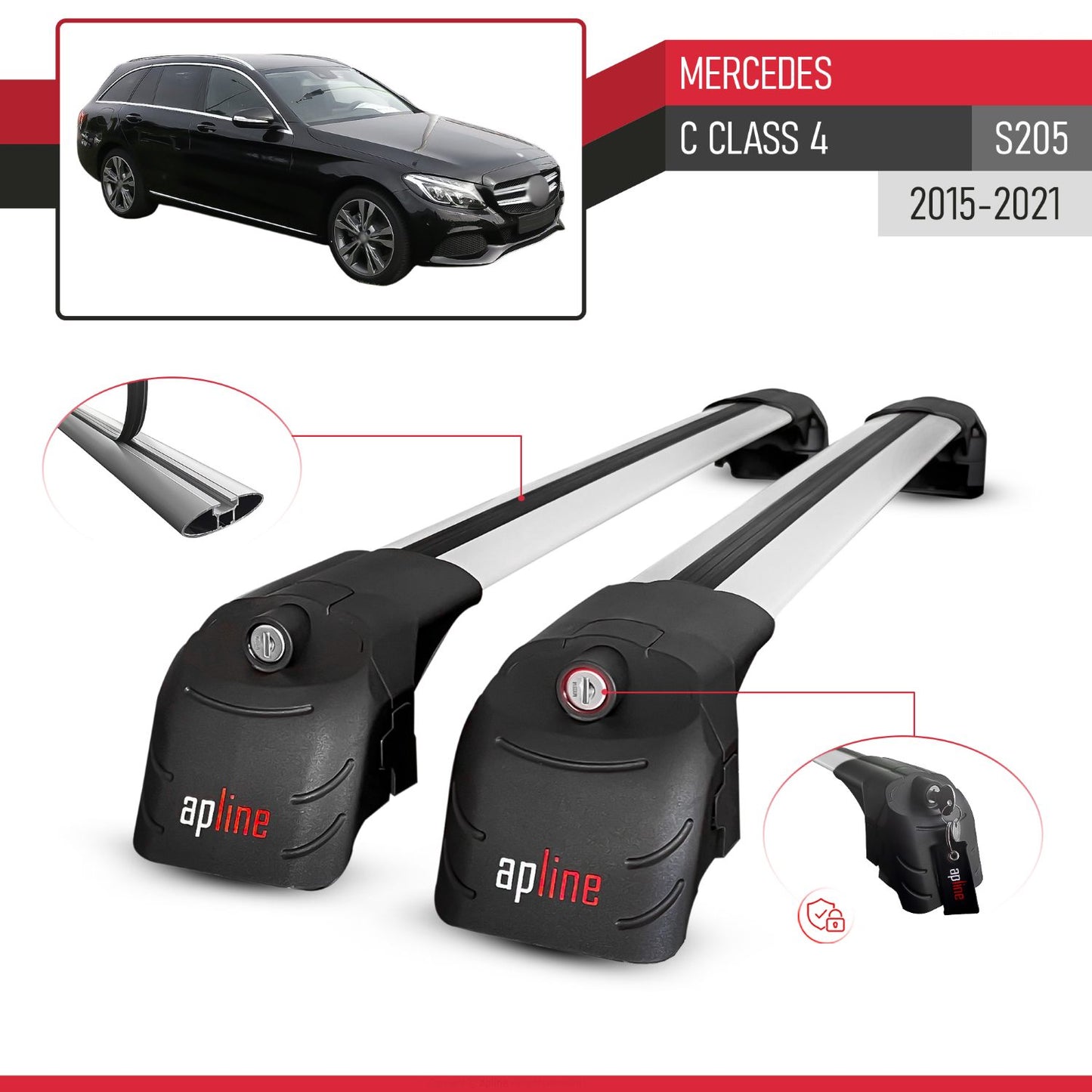 Compatible con Mercedes Clase C 4 (S205) 2015-2021 ACE-2 Barras de Techo Auto Portaequipajes Barras Transversales Gris Aluminio 2 Barras
