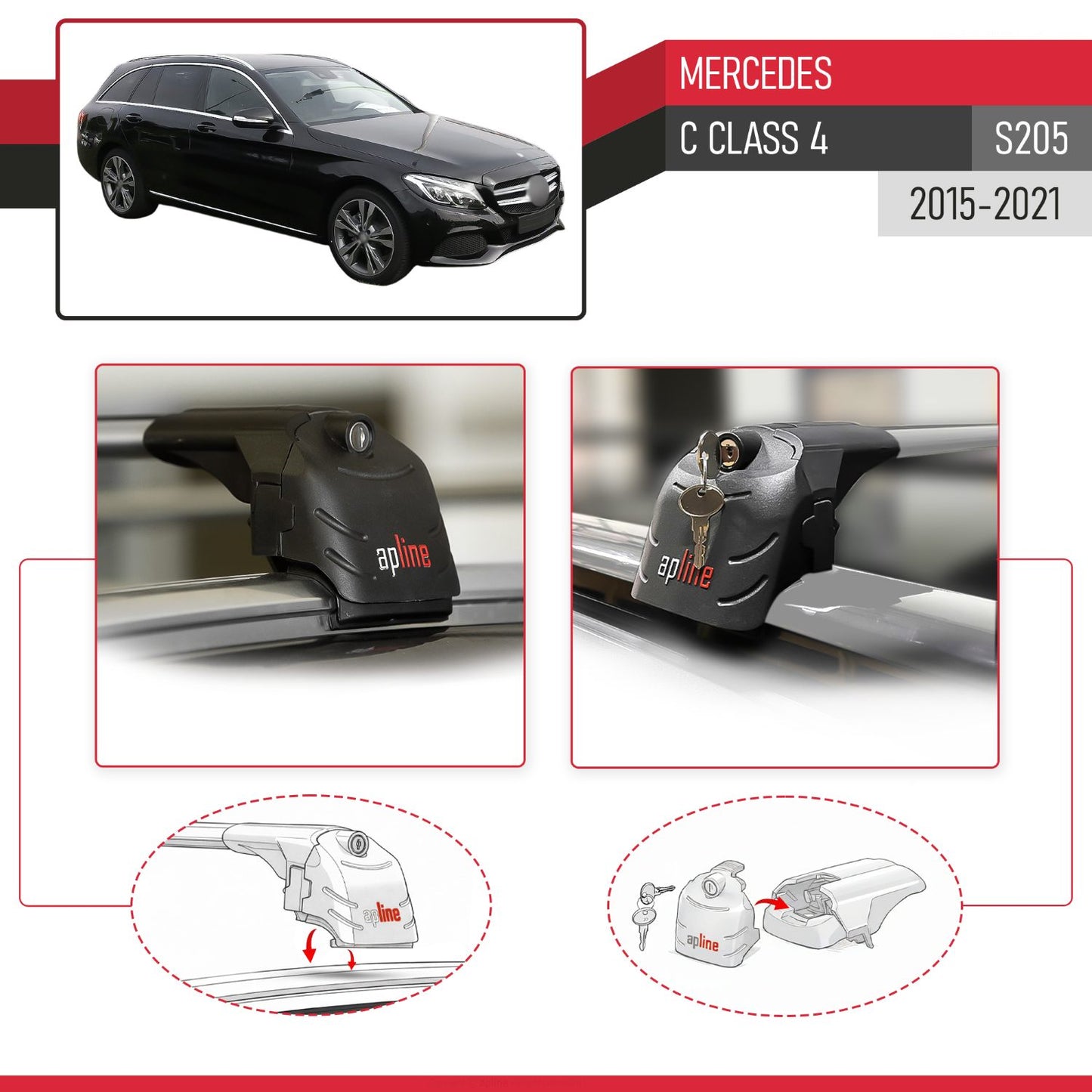 Compatible con Mercedes Clase C 4 (S205) 2015-2021 ACE-2 Barras de Techo Auto Portaequipajes Barras Transversales Gris Aluminio 2 Barras