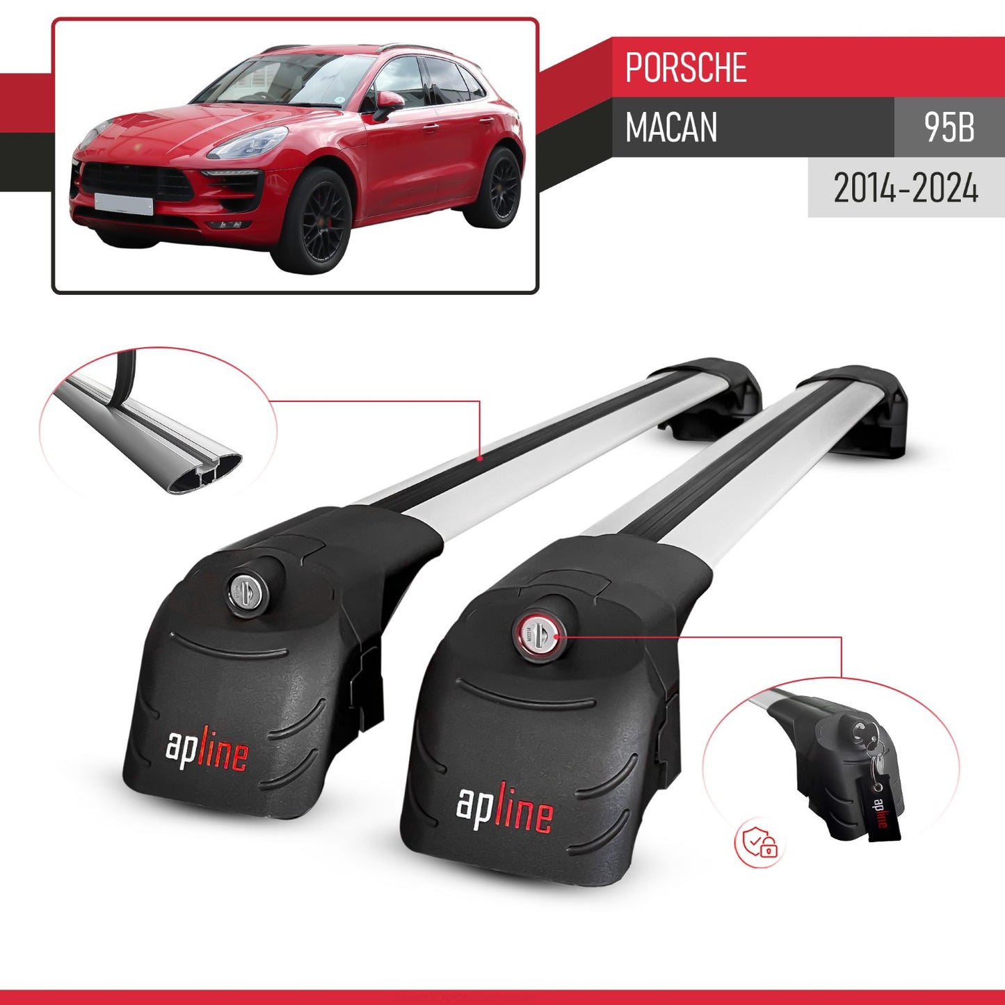 Compatible con Porsche Macan (95B) 2014-2024 ACE-2 Barras de Techo Auto Portaequipajes Barras Transversales Gris Aluminio 2 Barras
