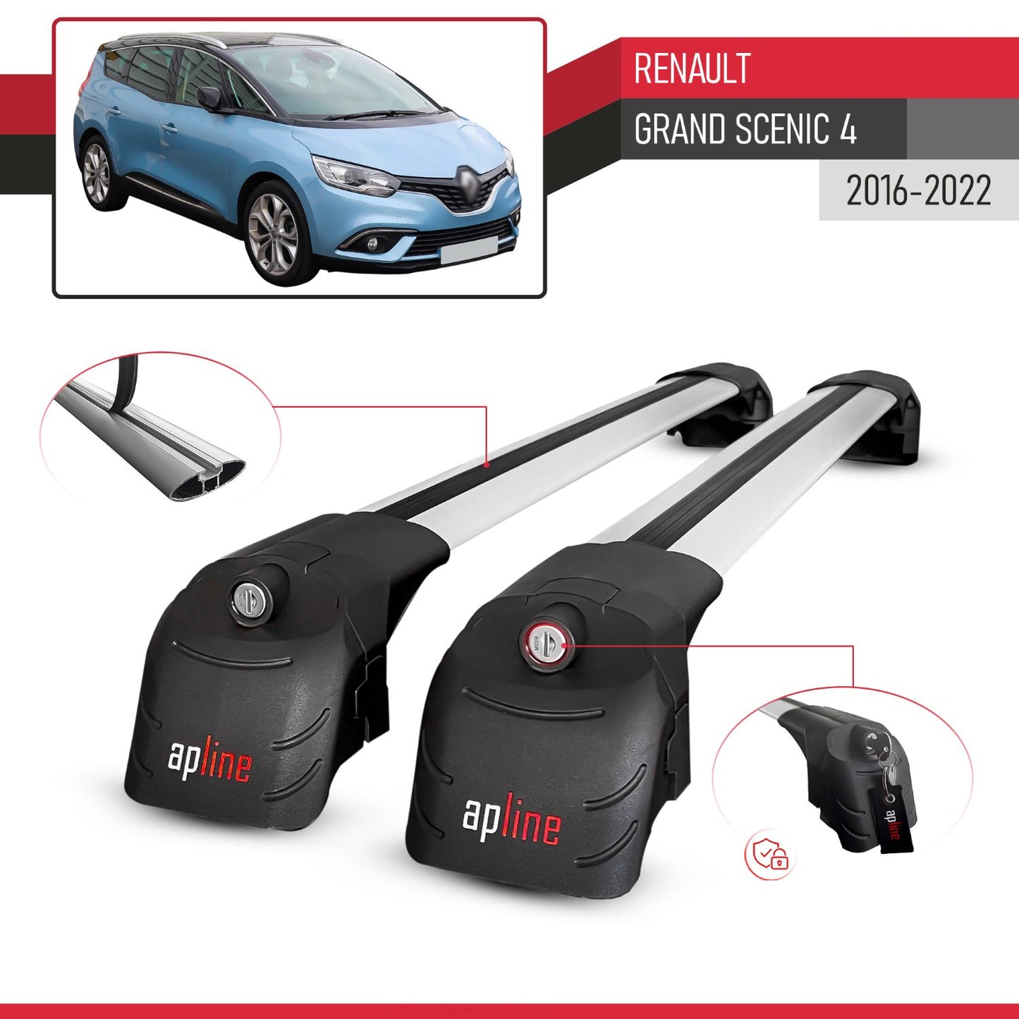 Compatible with Renault Grand Scenic 4 2017-2022 ACE-2 Car Roof Rack Cross Bar Grey Aluminium 2 Bars