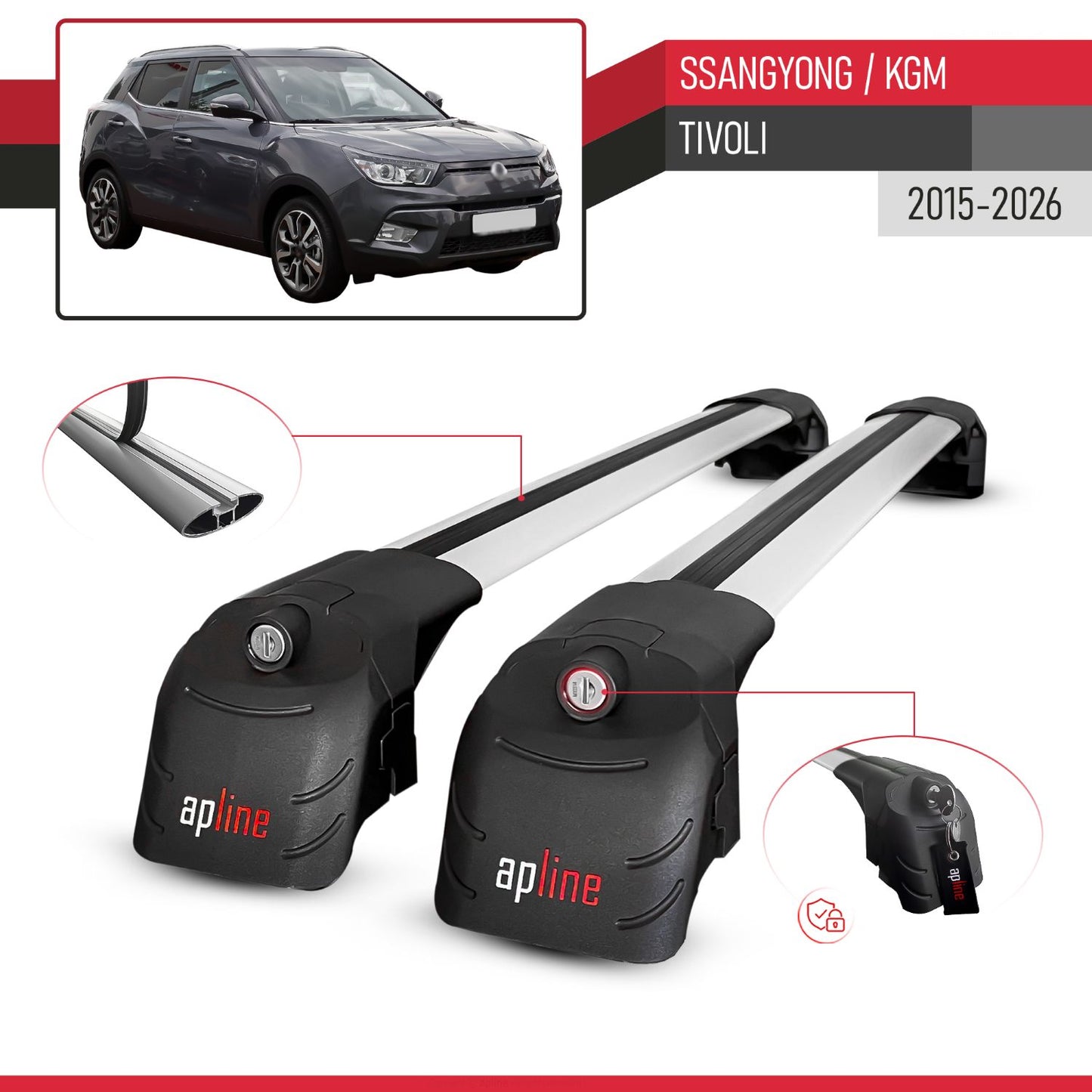 Compatible con Ssangyong Tivoli 2015-2025 ACE-2 Barras de Techo Auto Portaequipajes Barras Transversales Gris Aluminio 2 Barras