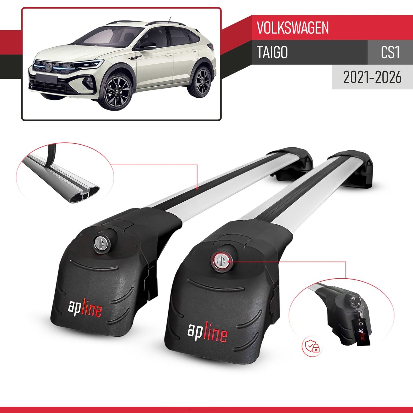 Compatible con Volkswagen Taigo (CS1) 2021-2025 ACE-2 Barras de Techo Auto Portaequipajes Barras Transversales Gris Aluminio 2 Barras