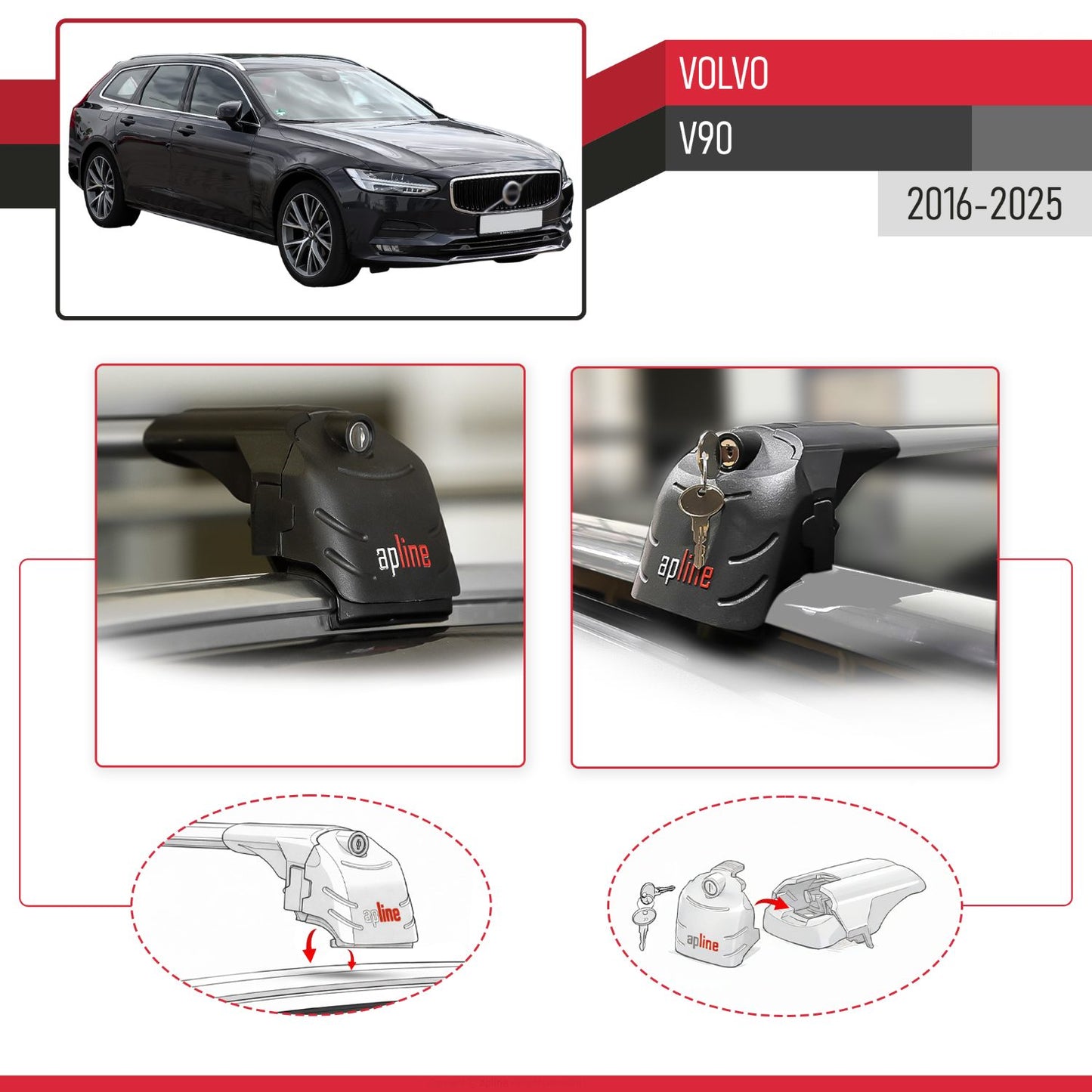 Compatible con Volvo V90 2017-2025 ACE-2 Barras de Techo Auto Portaequipajes Barras Transversales Gris Aluminio 2 Barras