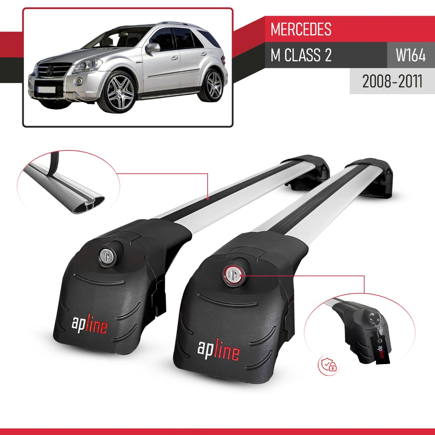 Compatible con Mercedes Clase M 2 (W164) Post-Facelift 2008-2011 ACE-2 Barras de Techo Auto Portaequipajes Barras Transversales Gris Aluminio 2 Barras