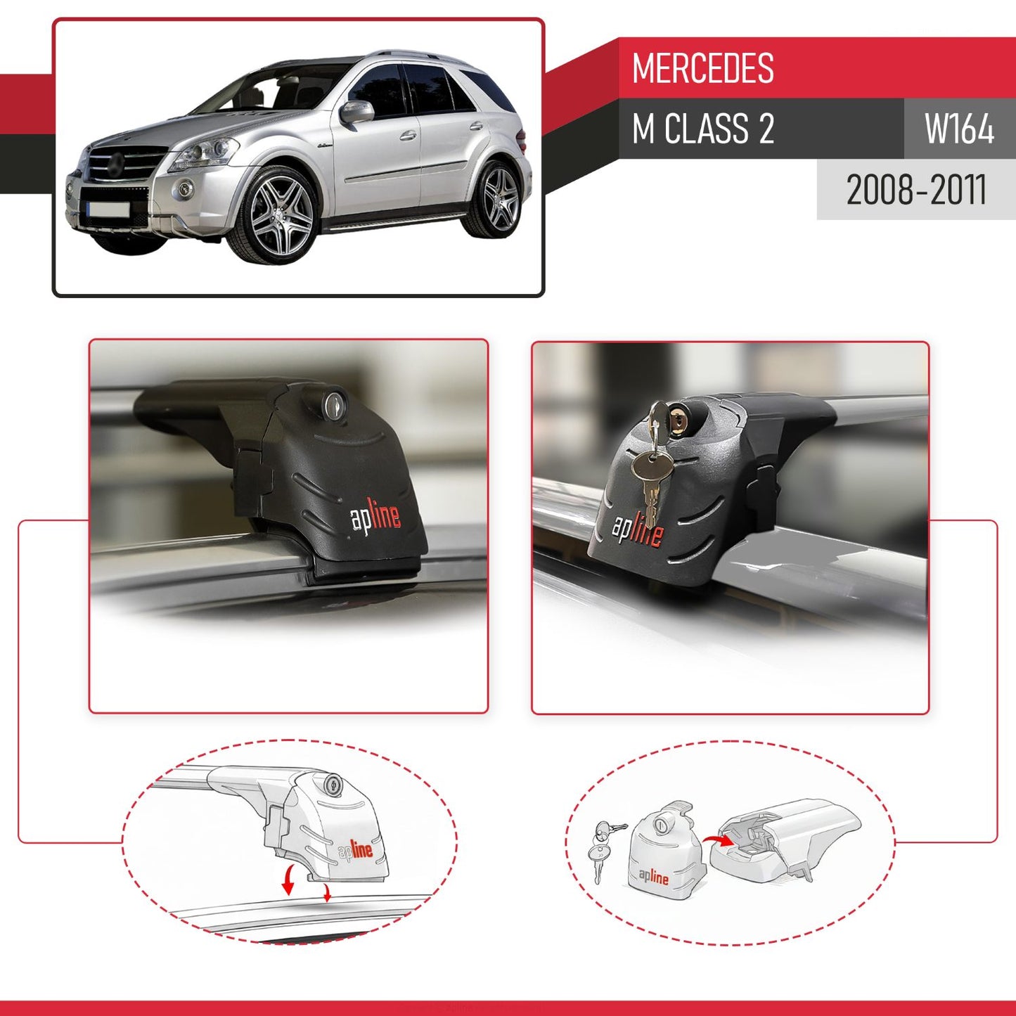 Compatible con Mercedes Clase M 2 (W164) Post-Facelift 2008-2011 ACE-2 Barras de Techo Auto Portaequipajes Barras Transversales Gris Aluminio 2 Barras