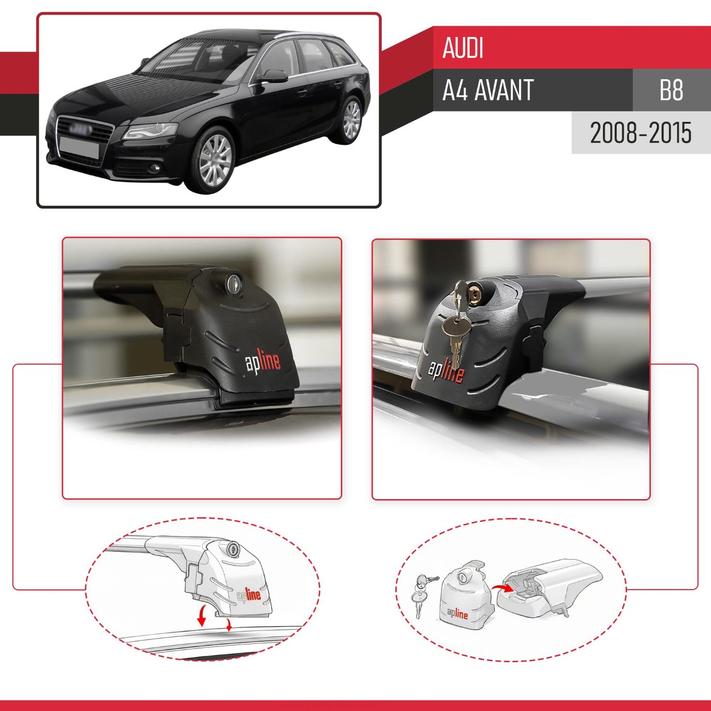 Compatible con A4 (B8) Avant 2008-2015 ACE-2 Barras de Techo Auto Portaequipajes Barras Transversales Gris Aluminio 2 Barras