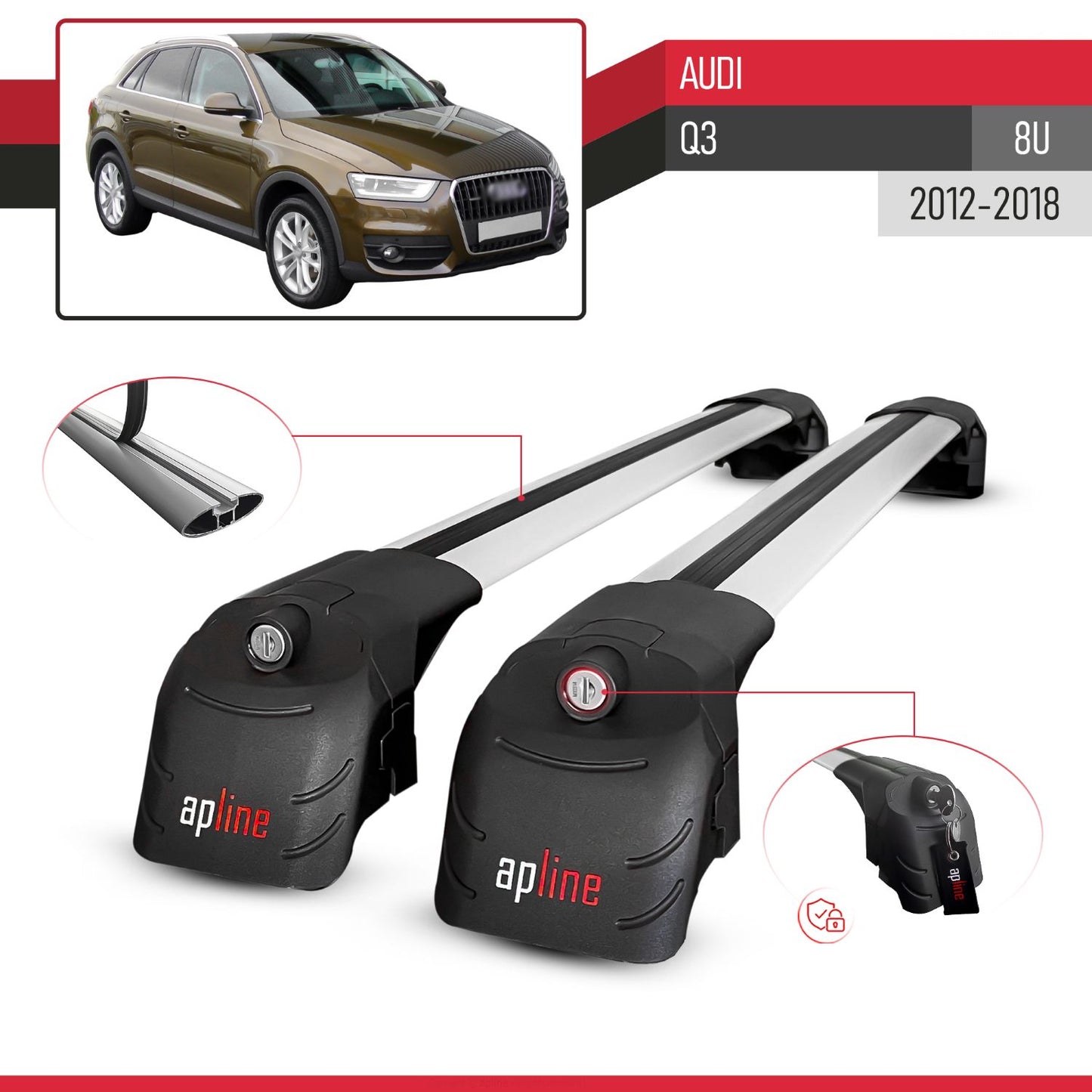 Compatible con Q3 (8U) 2012-2018 ACE-2 Barras de Techo Auto Portaequipajes Barras Transversales Gris Aluminio 2 Barras