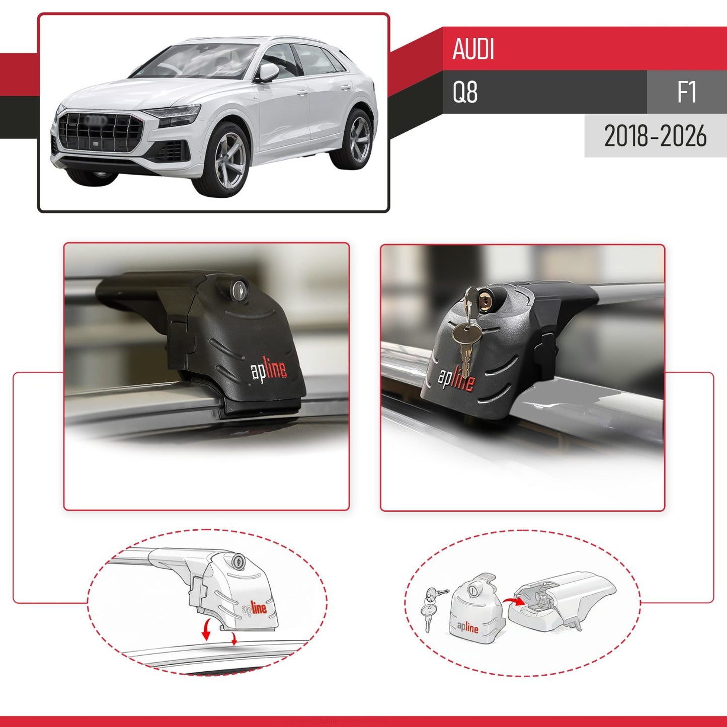 Compatible con Q8 (F1) 2018-2025 ACE-2 Barras de Techo Auto Portaequipajes Barras Transversales Gris Aluminio 2 Barras