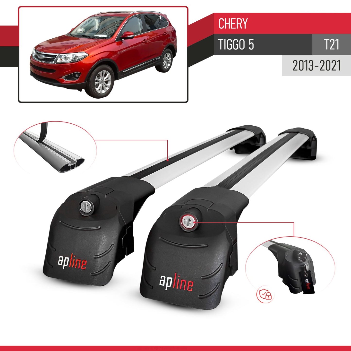 Compatible con Chery Tiggo 5 (T21) 2013-2021 ACE-2 Barras de Techo Auto Portaequipajes Barras Transversales Gris Aluminio 2 Barras