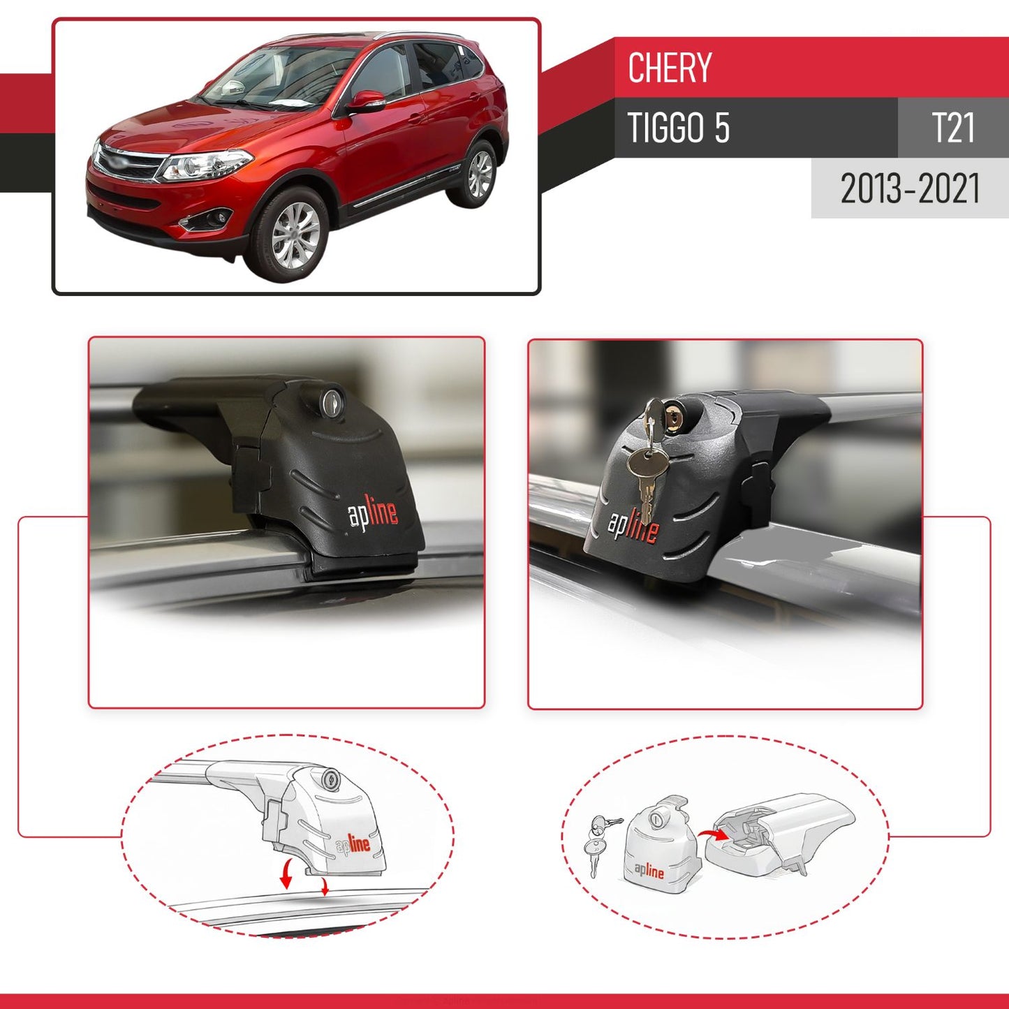 Compatible con Chery Tiggo 5 (T21) 2013-2021 ACE-2 Barras de Techo Auto Portaequipajes Barras Transversales Gris Aluminio 2 Barras