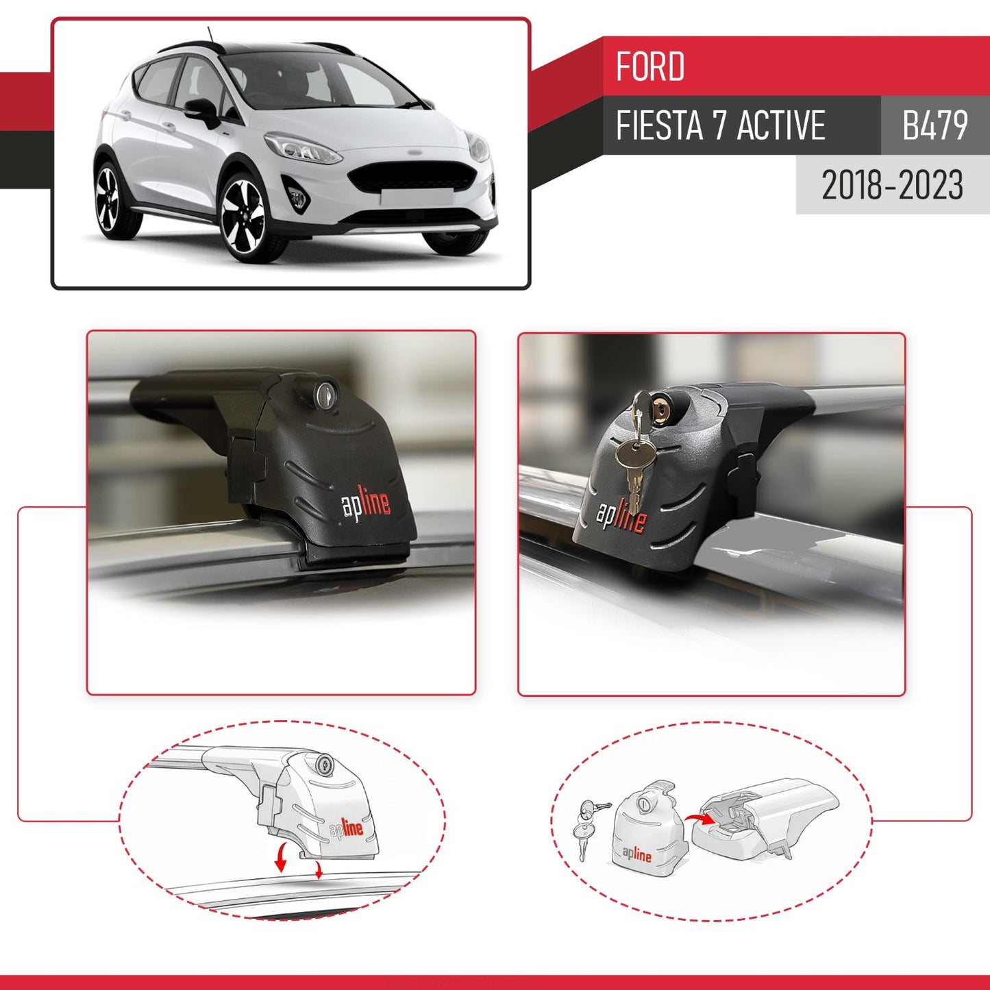 Compatible con Ford Fiesta 7 Active 2018-2023 ACE-2 Barras de Techo Auto Portaequipajes Barras Transversales Gris Aluminio 2 Barras