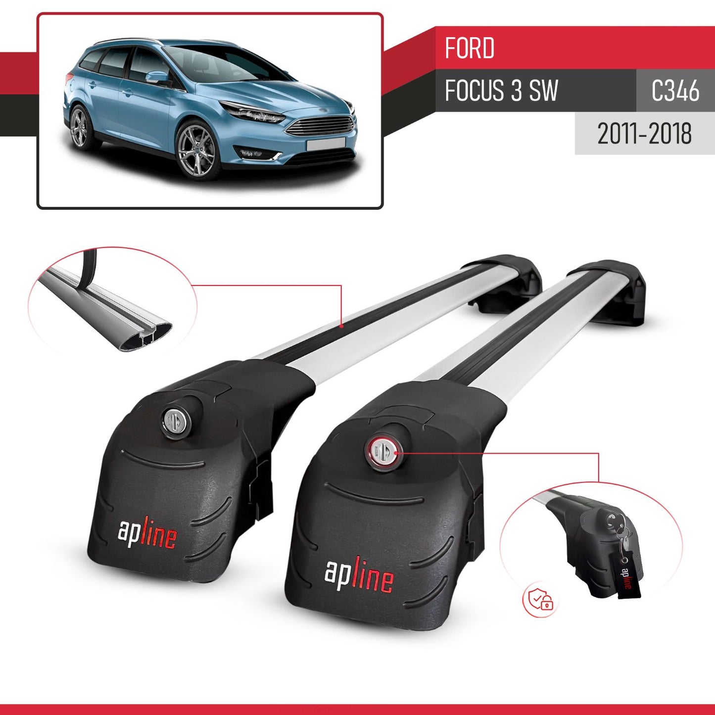 Compatible con Ford Focus 3 (C346) Familiar 2011-2018 ACE-2 Barras de Techo Auto Portaequipajes Barras Transversales Gris Aluminio 2 Barras
