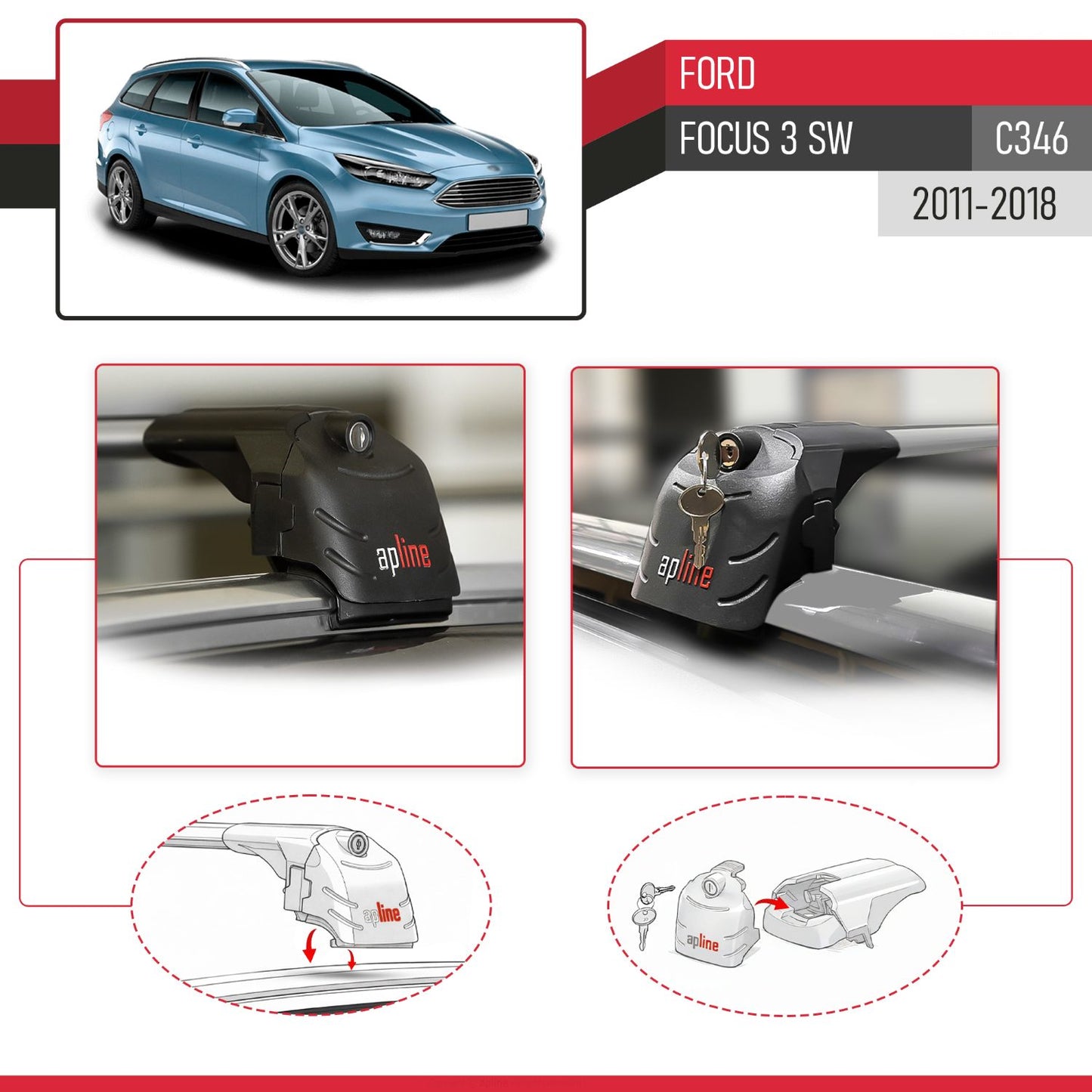 Compatible con Ford Focus 3 (C346) Familiar 2011-2018 ACE-2 Barras de Techo Auto Portaequipajes Barras Transversales Gris Aluminio 2 Barras