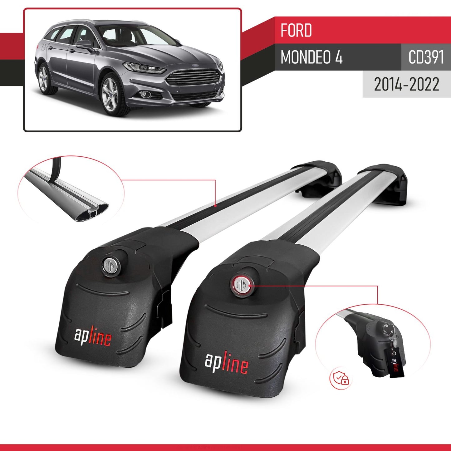 Compatible con Ford Mondeo 4 (CD391) 2014-2022 ACE-2 Barras de Techo Auto Portaequipajes Barras Transversales Gris Aluminio 2 Barras