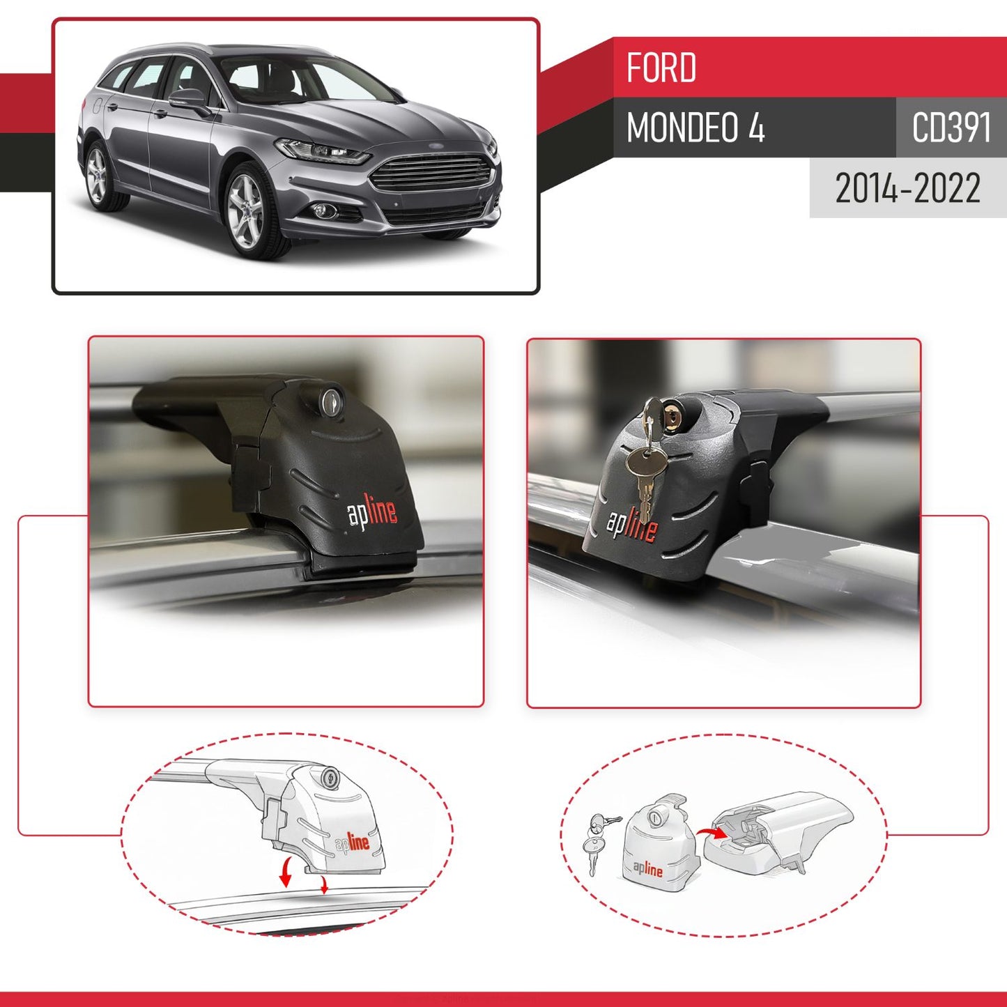 Compatible con Ford Mondeo 4 (CD391) 2014-2022 ACE-2 Barras de Techo Auto Portaequipajes Barras Transversales Gris Aluminio 2 Barras