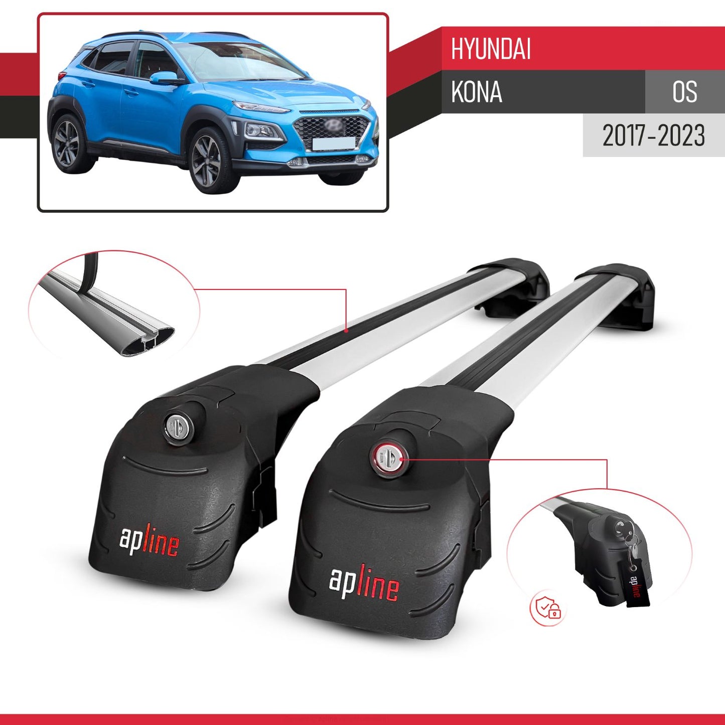 Compatible con Hyundai Kona (OS) 2017-2022 ACE-2 Barras de Techo Auto Portaequipajes Barras Transversales Gris Aluminio 2 Barras