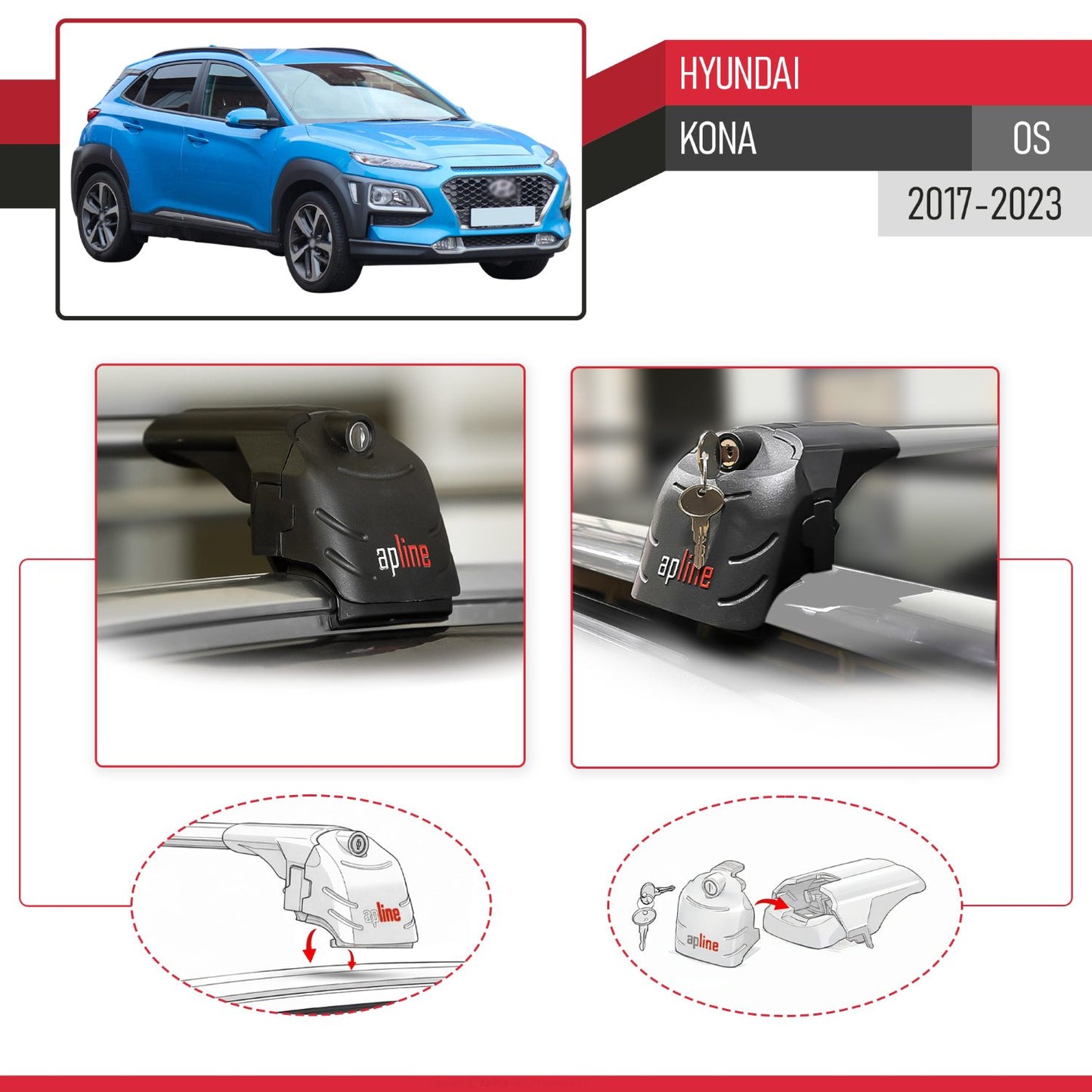 Compatible con Hyundai Kona (OS) 2017-2022 ACE-2 Barras de Techo Auto Portaequipajes Barras Transversales Gris Aluminio 2 Barras