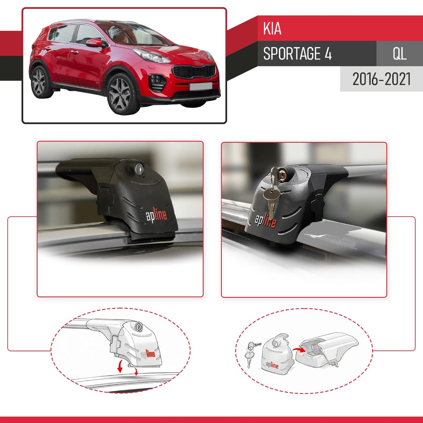Compatible con Kia Sportage 4 (QL) 2016-2021 ACE-2 Barras de Techo Auto Portaequipajes Barras Transversales Gris Aluminio 2 Barras