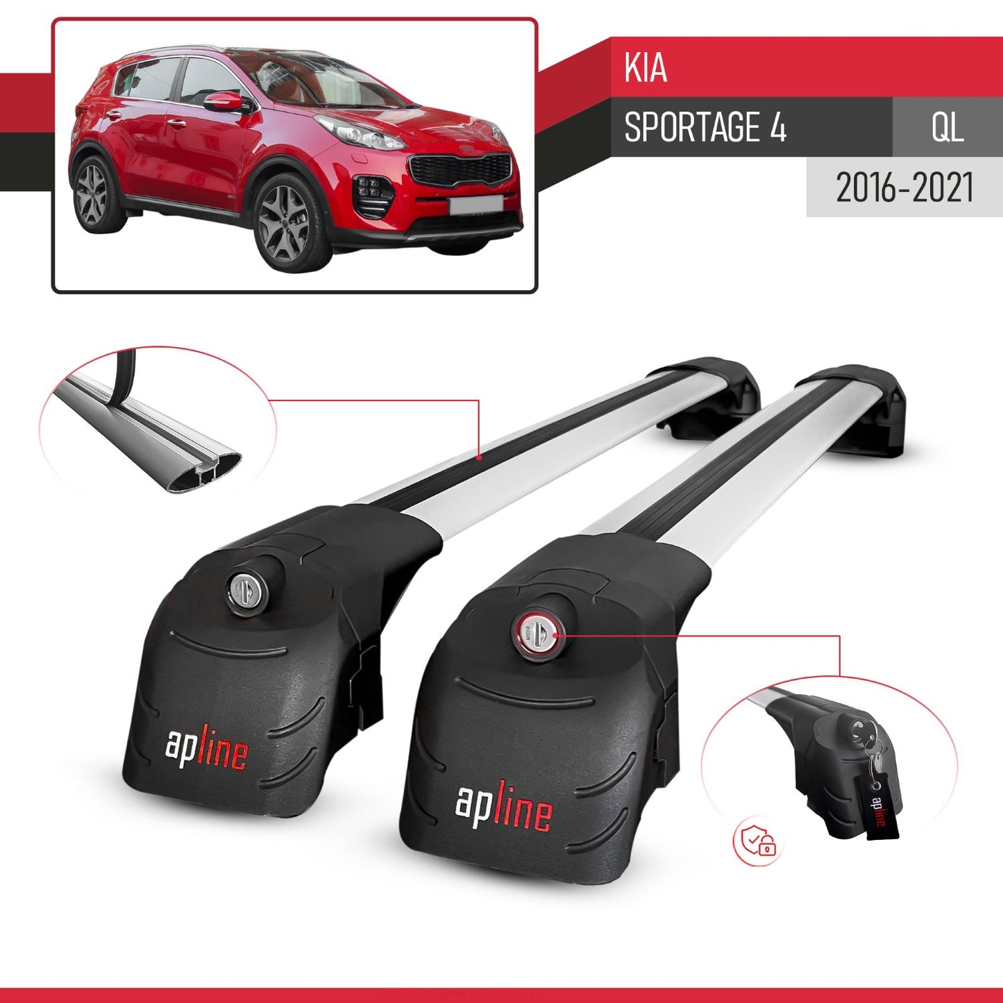 Compatible con Kia Sportage 4 (QL) 2016-2021 ACE-2 Barras de Techo Auto Portaequipajes Barras Transversales Gris Aluminio 2 Barras