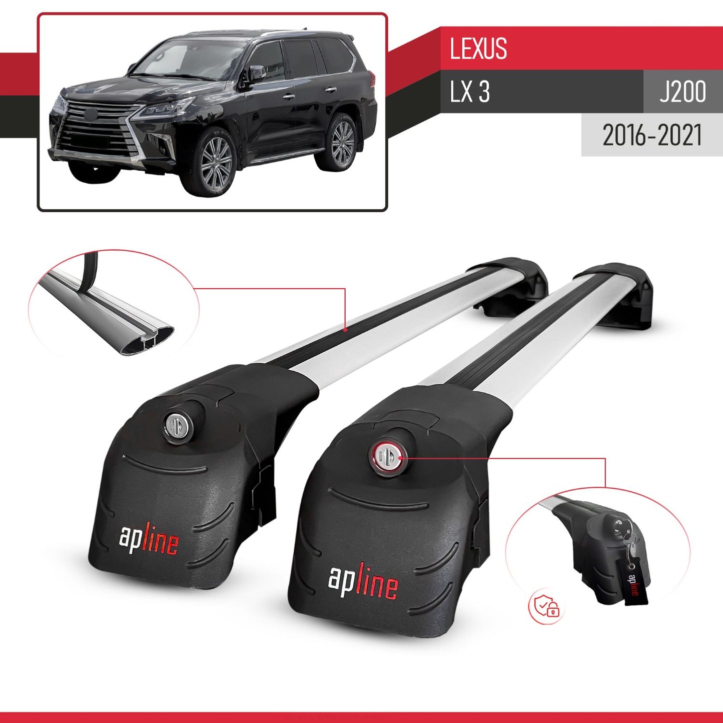 Compatible con Lexus LX 3 (J200) 2016-2021 ACE-2 Barras de Techo Auto Portaequipajes Barras Transversales Gris Aluminio 2 Barras