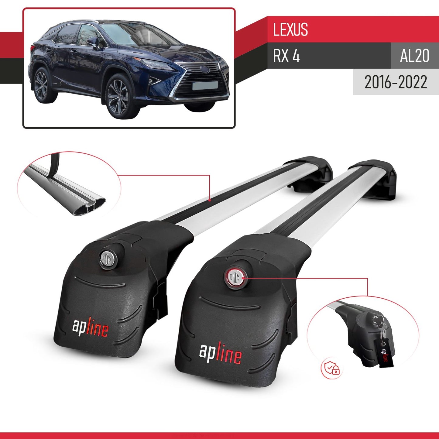 Compatible con Lexus RX 4 (AL20) 2016-2022 ACE-2 Barras de Techo Auto Portaequipajes Barras Transversales Gris Aluminio 2 Barras