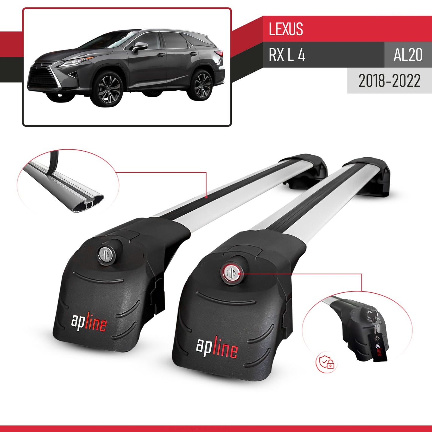 Compatible con Lexus RX 4 L (AL20) 2018-2022 ACE-2 Barras de Techo Auto Portaequipajes Barras Transversales Gris Aluminio 2 Barras