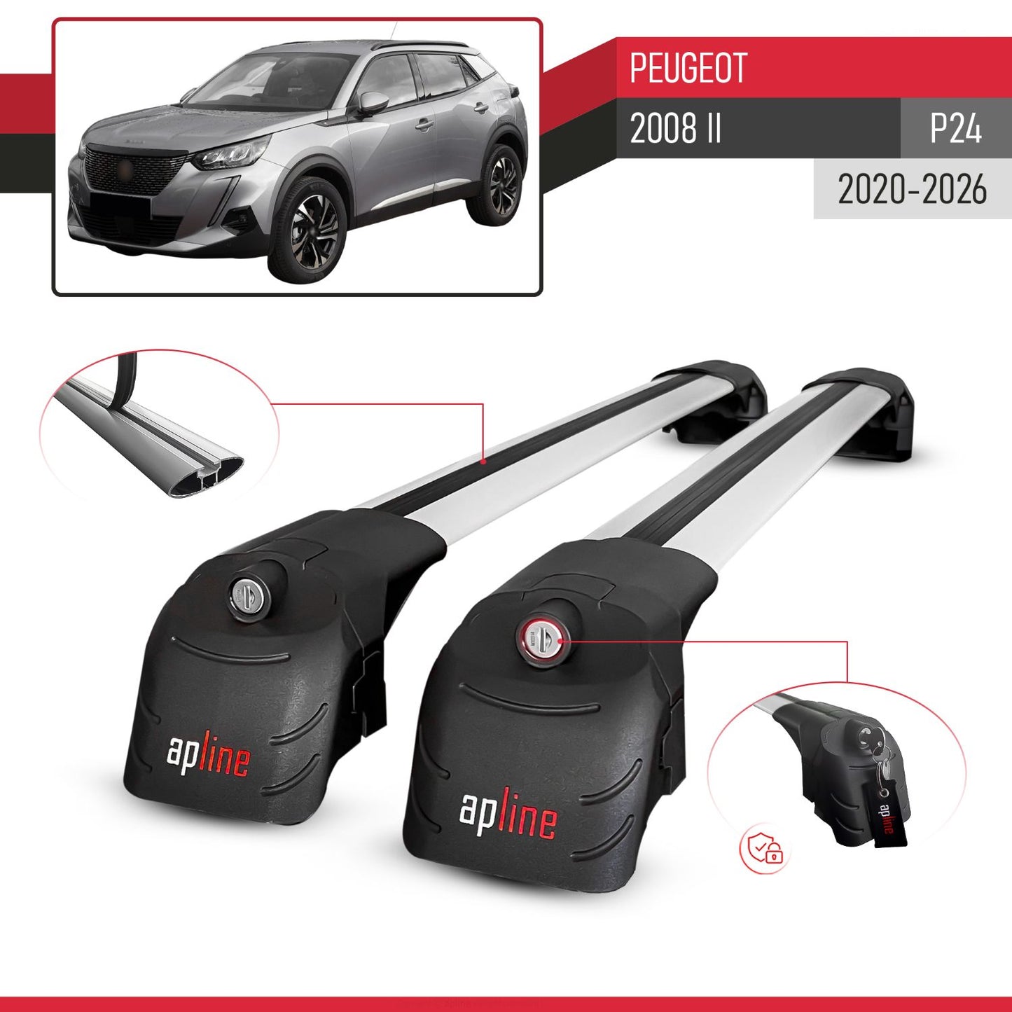 Compatible con Peugeot 2008 II (P24) 2020-2025 ACE-2 Barras de Techo Auto Portaequipajes Barras Transversales Gris Aluminio 2 Barras
