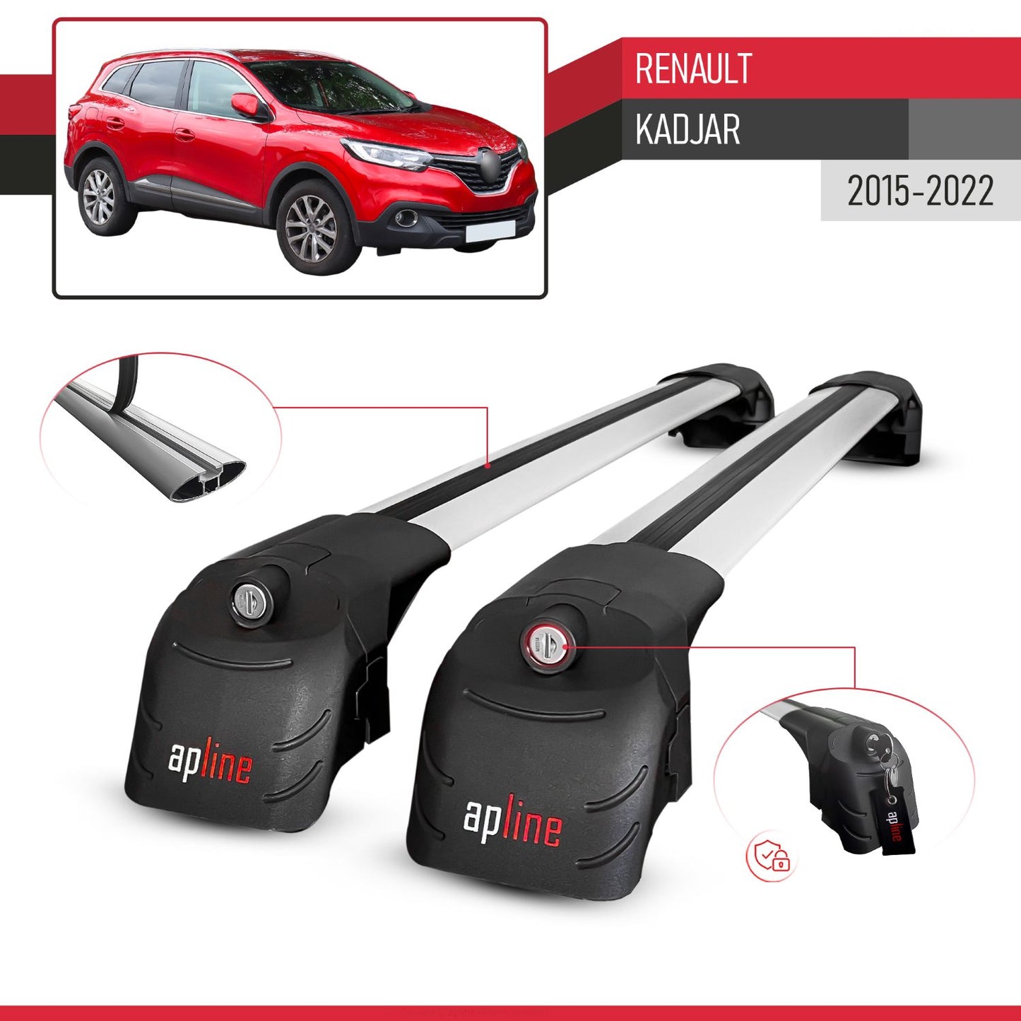 Compatible con Renault Kadjar 2015-2022 ACE-2 Barras de Techo Auto Portaequipajes Barras Transversales Gris Aluminio 2 Barras