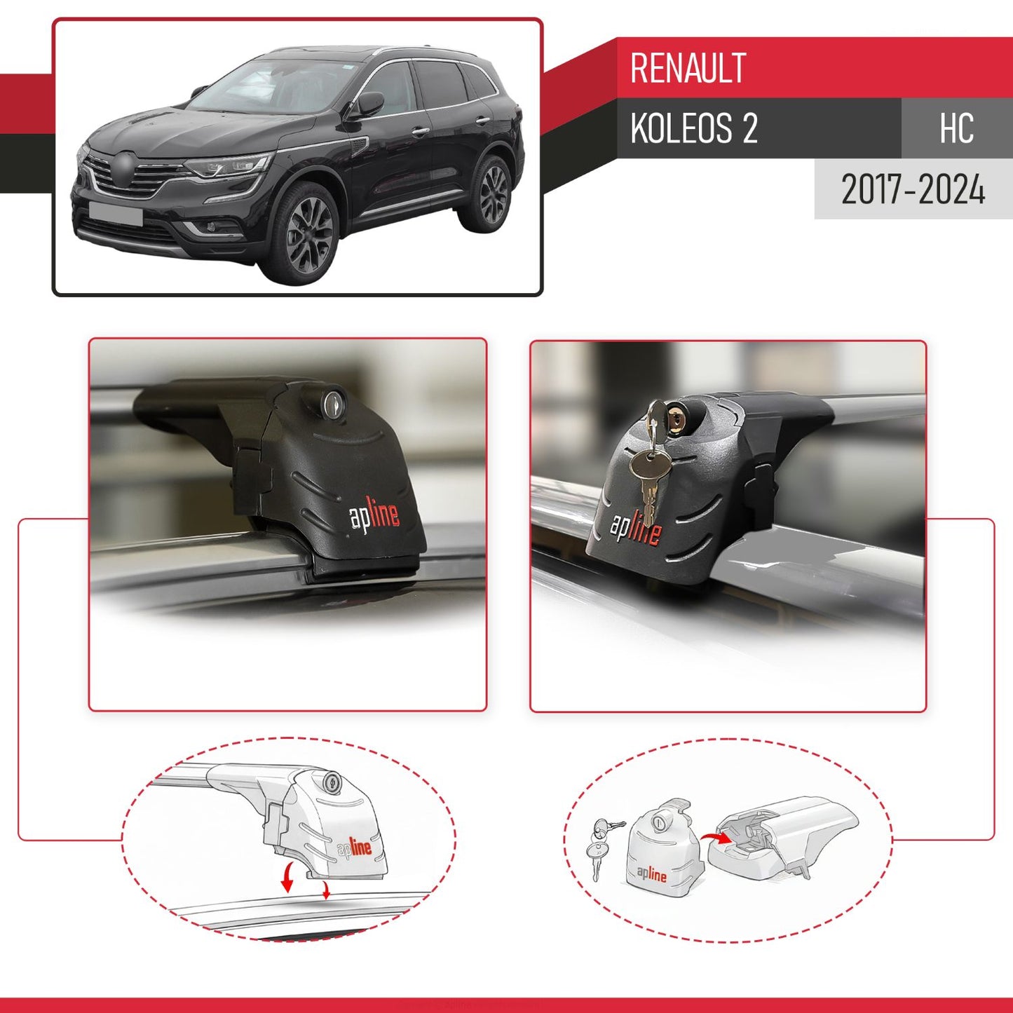 Compatible con Renault Koleos 2 (HC) 2017-2024 ACE-2 Barras de Techo Auto Portaequipajes Barras Transversales Gris Aluminio 2 Barras