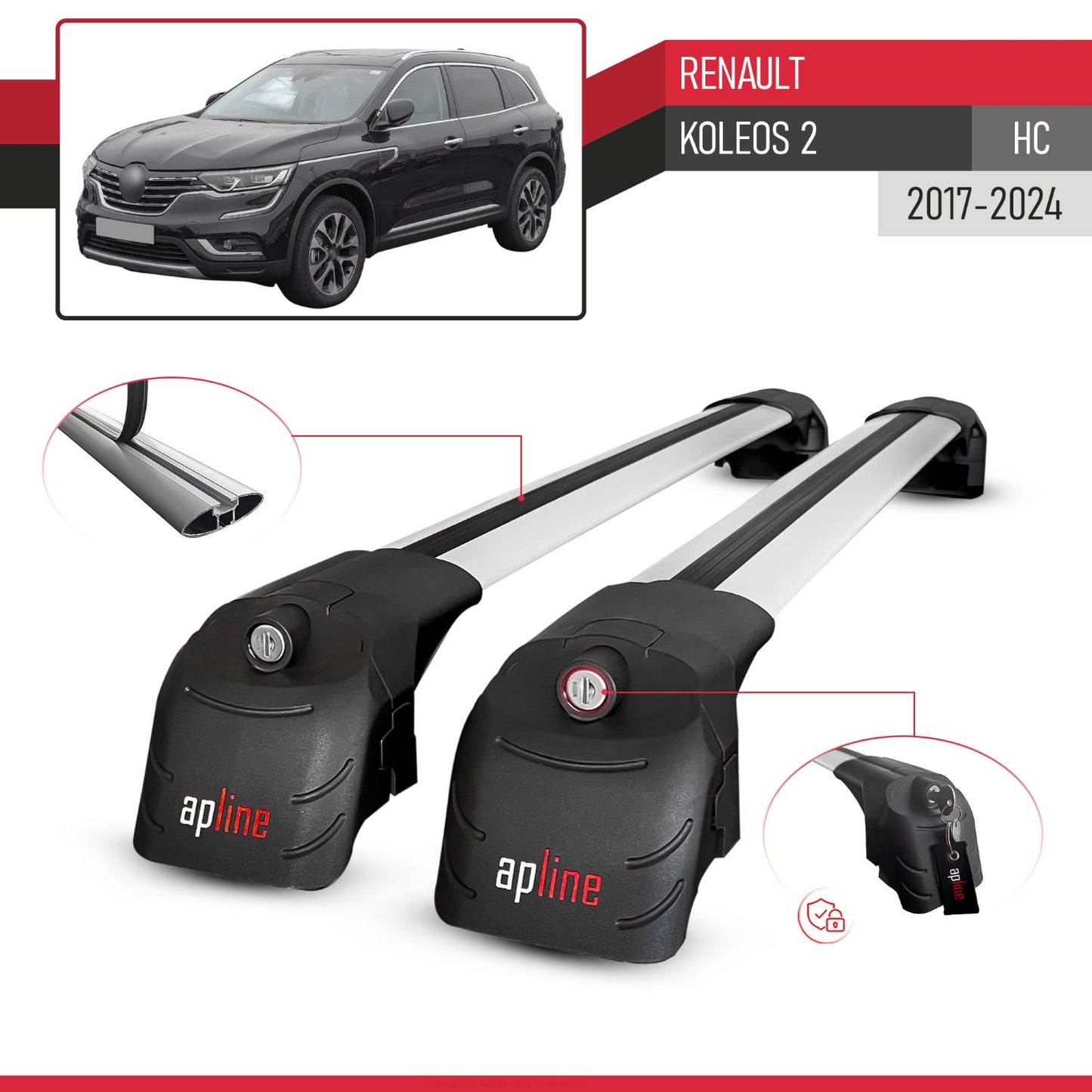 Compatible con Renault Koleos 2 (HC) 2017-2024 ACE-2 Barras de Techo Auto Portaequipajes Barras Transversales Gris Aluminio 2 Barras