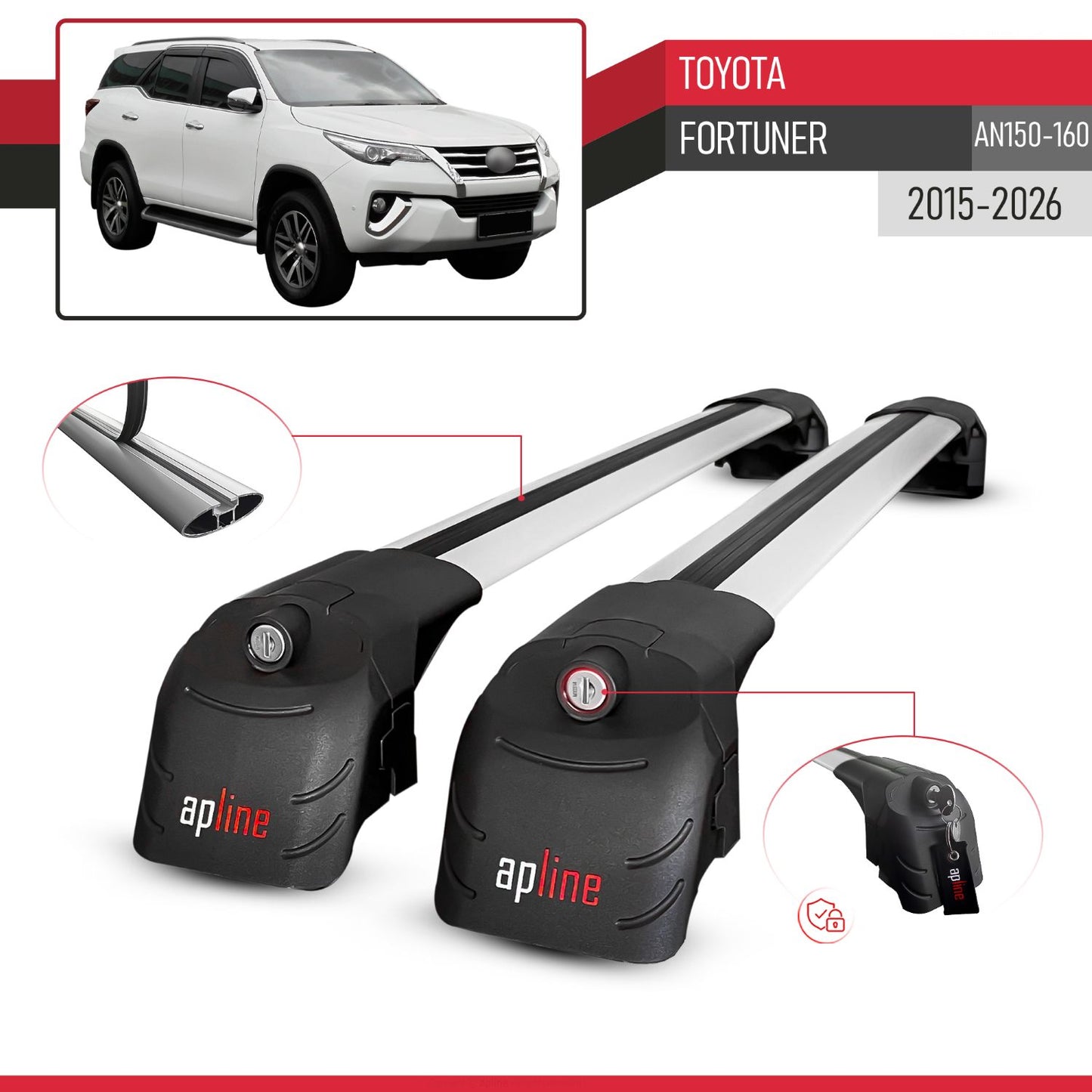 Compatible con Toyota Fortuner (AN160) 2015-2023 ACE-2 Barras de Techo Auto Portaequipajes Barras Transversales Gris Aluminio 2 Barras