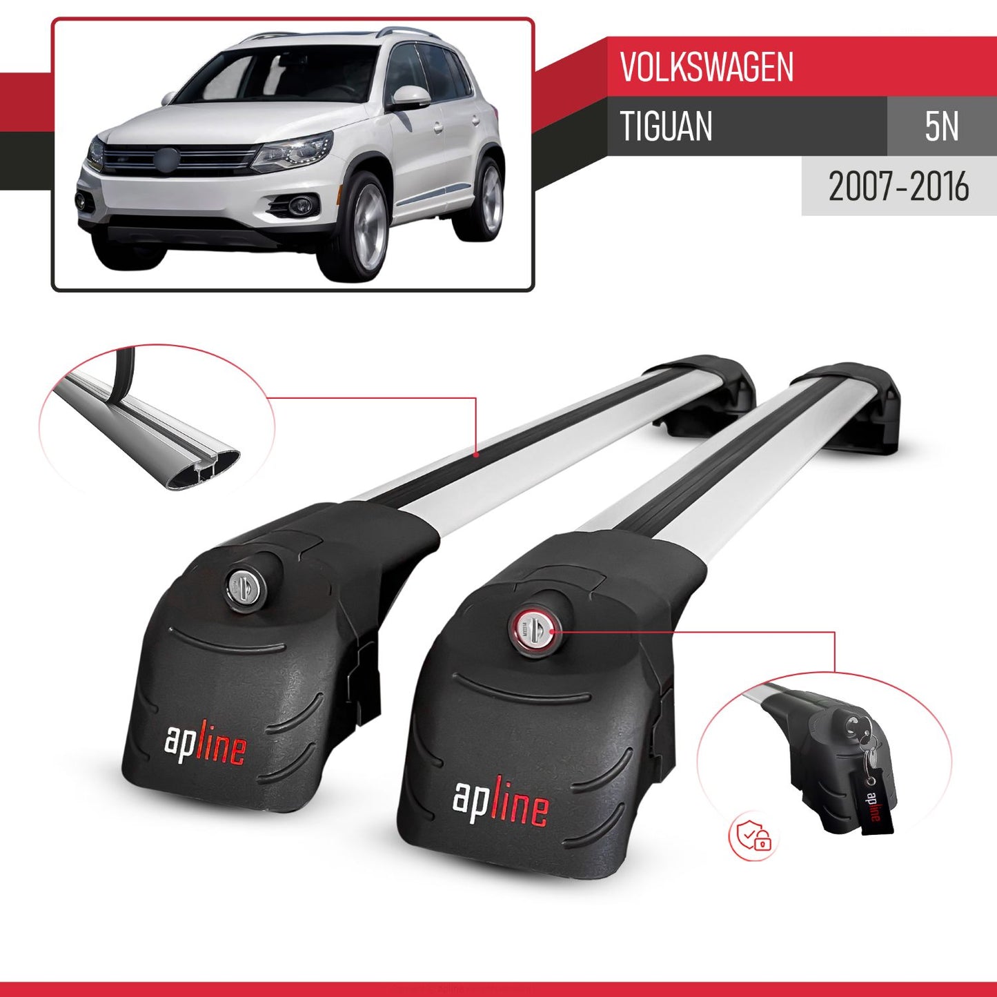 Compatible con Volkswagen Tiguan (5N) 2007-2016 ACE-2 Barras de Techo Auto Portaequipajes Barras Transversales Gris Aluminio 2 Barras