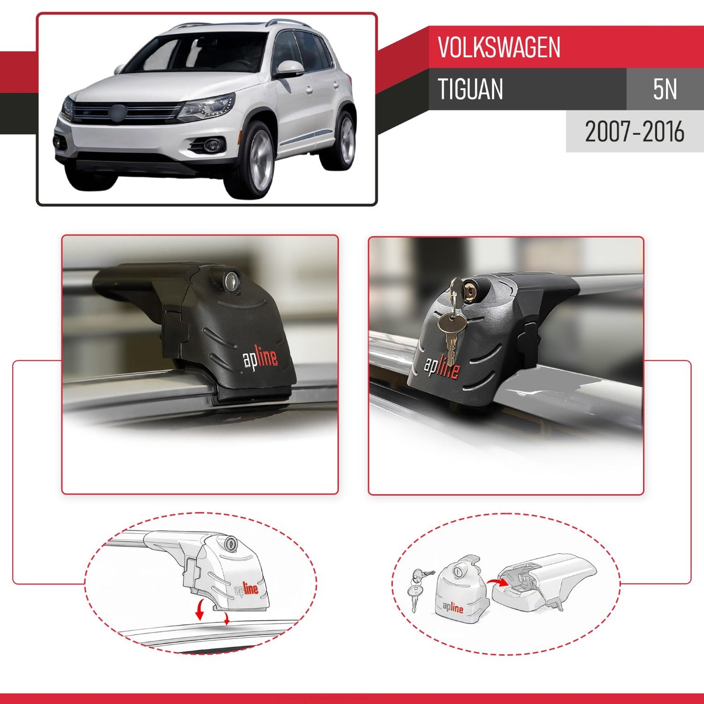 Compatible con Volkswagen Tiguan (5N) 2007-2016 ACE-2 Barras de Techo Auto Portaequipajes Barras Transversales Gris Aluminio 2 Barras