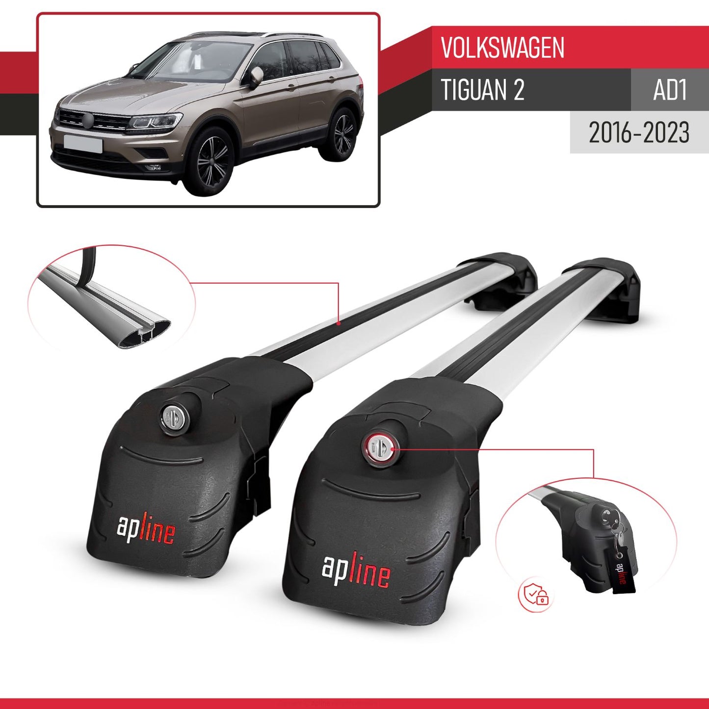 Compatible con Volkswagen Tiguan 2 (AD1) 2016-2023 ACE-2 Barras de Techo Auto Portaequipajes Barras Transversales Gris Aluminio 2 Barras