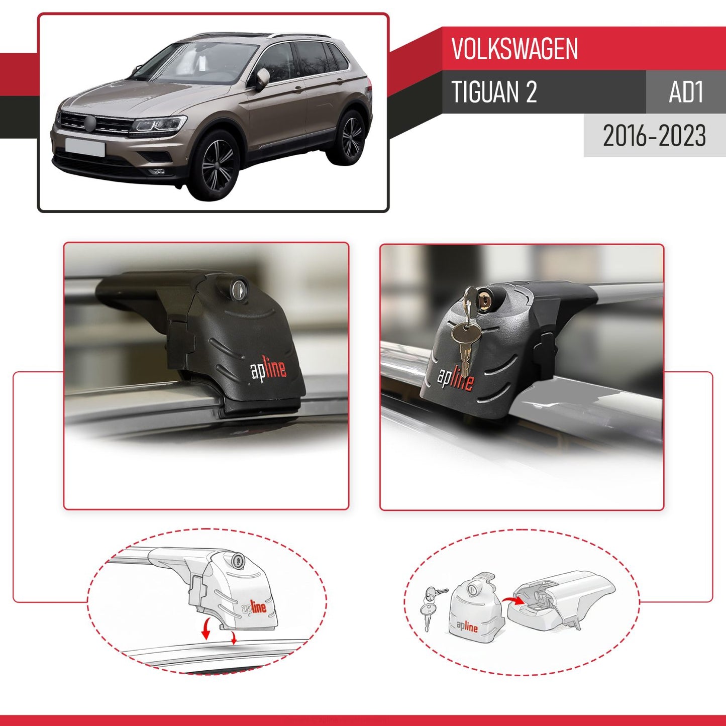 Compatible con Volkswagen Tiguan 2 (AD1) 2016-2023 ACE-2 Barras de Techo Auto Portaequipajes Barras Transversales Gris Aluminio 2 Barras