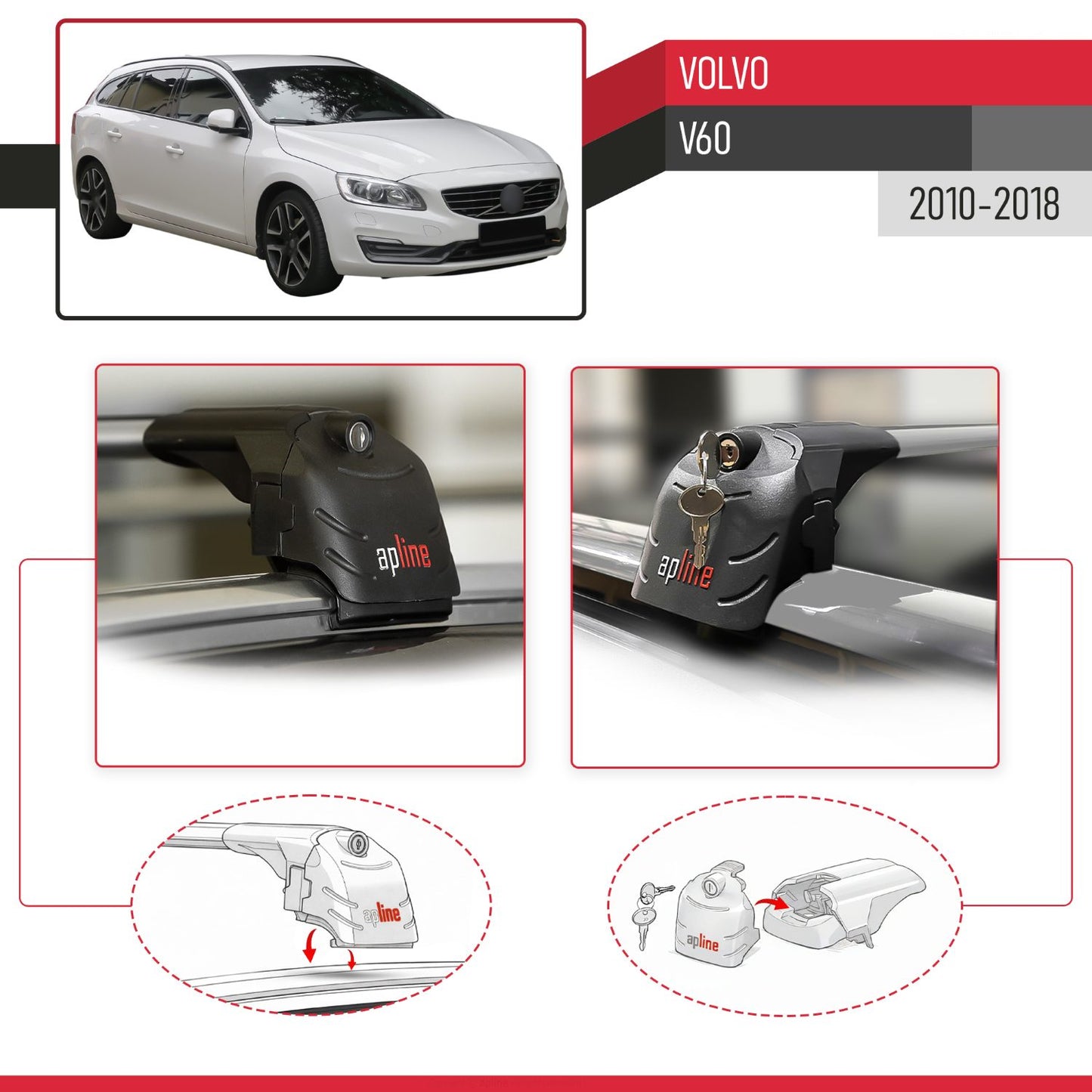 Compatible con Volvo V60 2011-2018 ACE-2 Barras de Techo Auto Portaequipajes Barras Transversales Gris Aluminio 2 Barras