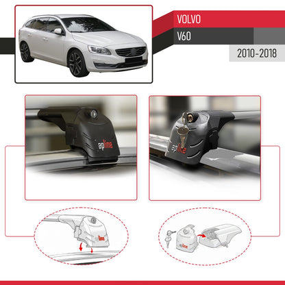 Compatible con Volvo V60 2011-2018 ACE-2 Barras de Techo Auto Portaequipajes Barras Transversales Gris Aluminio 2 Barras