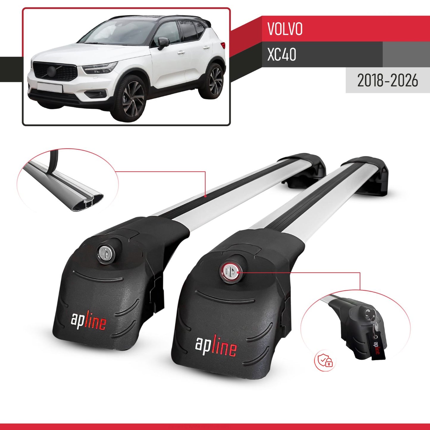 Compatible con Volvo XC40 2018-2025 ACE-2 Barras de Techo Auto Portaequipajes Barras Transversales Gris Aluminio 2 Barras