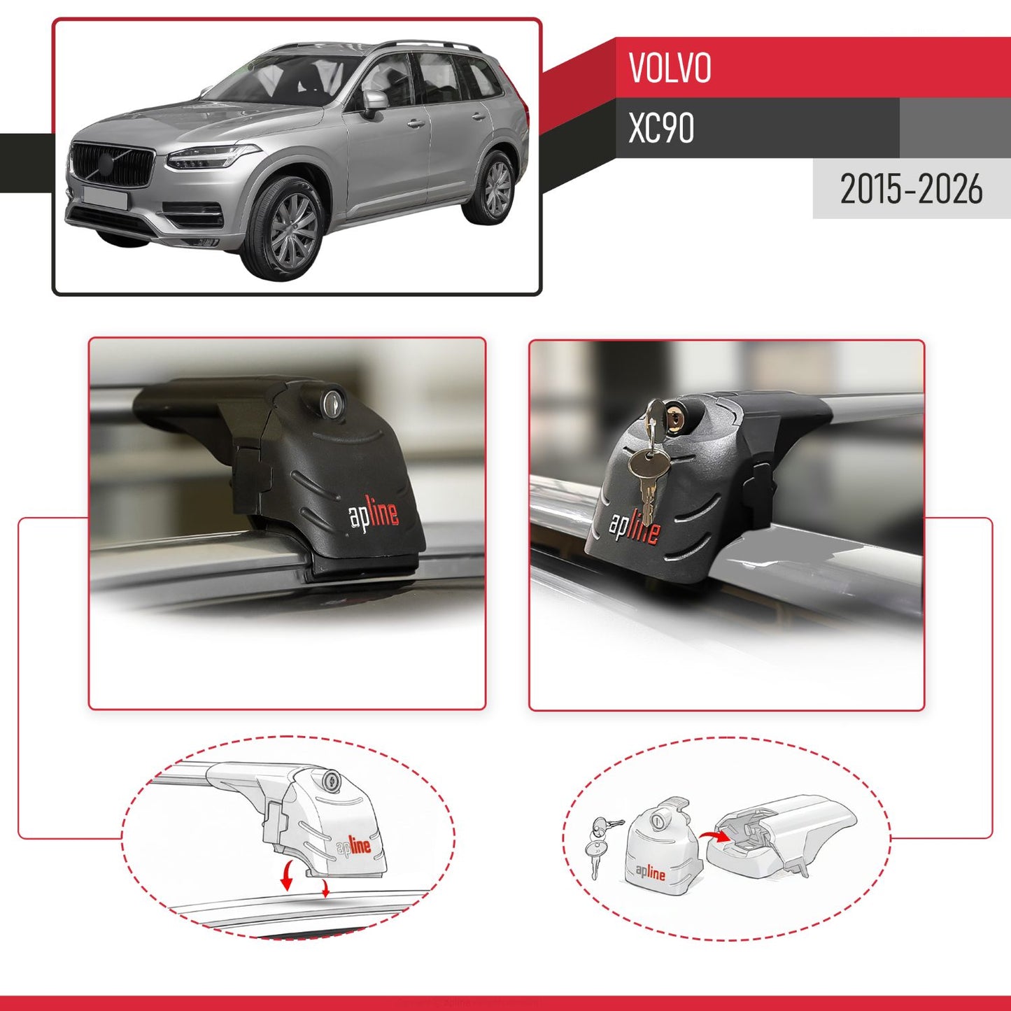 Compatible con Volvo XC90 II 2015-2025 ACE-2 Barras de Techo Auto Portaequipajes Barras Transversales Gris Aluminio 2 Barras