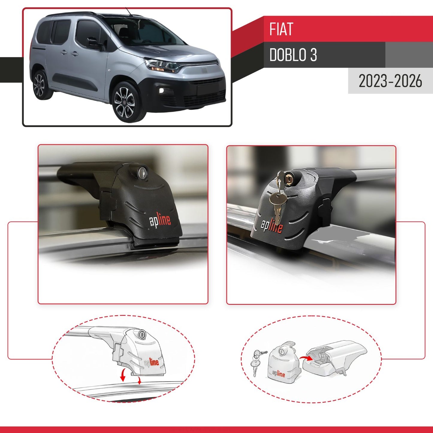 Compatible con Fiat Doblo 3 2023-2025 ACE-2 Barras de Techo Auto Portaequipajes Barras Transversales Gris Aluminio 2 Barras