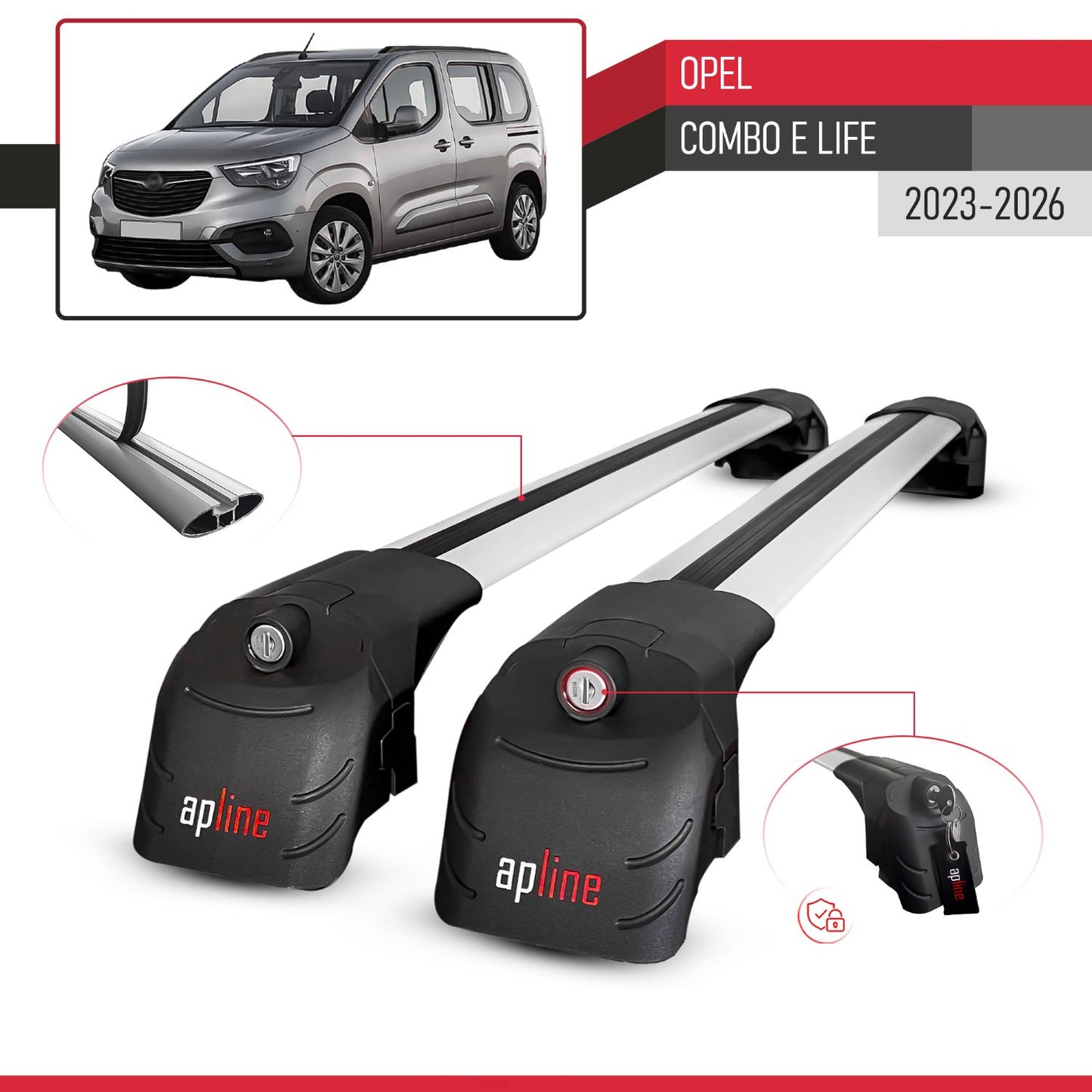 Compatible with Opel Combo E Life 2023-2025 ACE-2 Car Roof Rack Cross Bar Grey Aluminium 2 Bars
