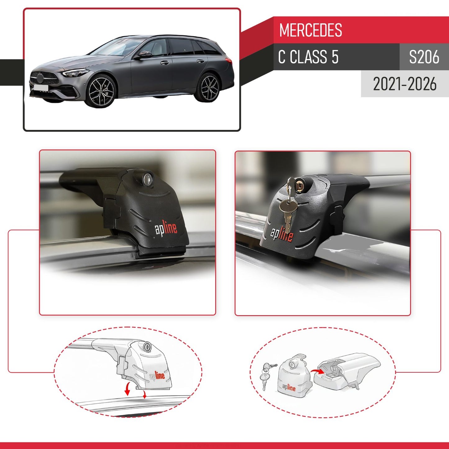 Compatible con Mercedes Clase C 5 (S206) 2022-2025 ACE-2 Barras de Techo Auto Portaequipajes Barras Transversales Gris Aluminio 2 Barras