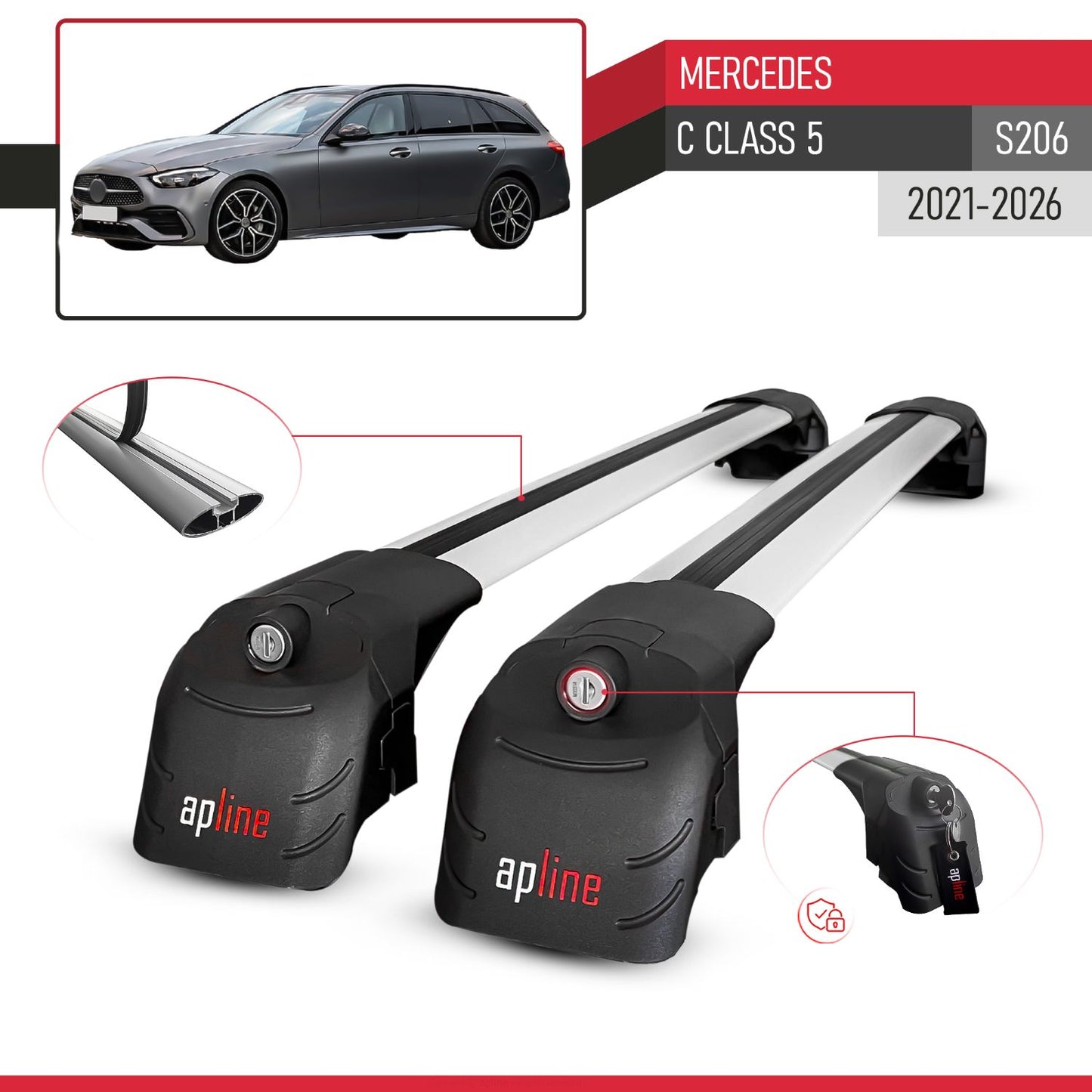 Compatible con Mercedes Clase C 5 (S206) 2022-2025 ACE-2 Barras de Techo Auto Portaequipajes Barras Transversales Gris Aluminio 2 Barras