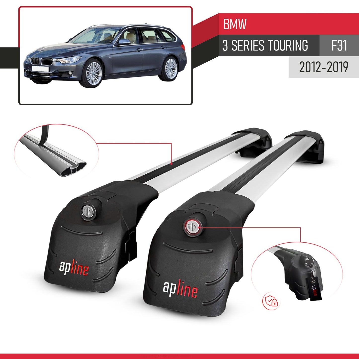 Compatible con BMW Serie 3 (F31) Touring 2012-2019 ACE-2 Barras de Techo Auto Portaequipajes Barras Transversales Gris Aluminio 2 Barras