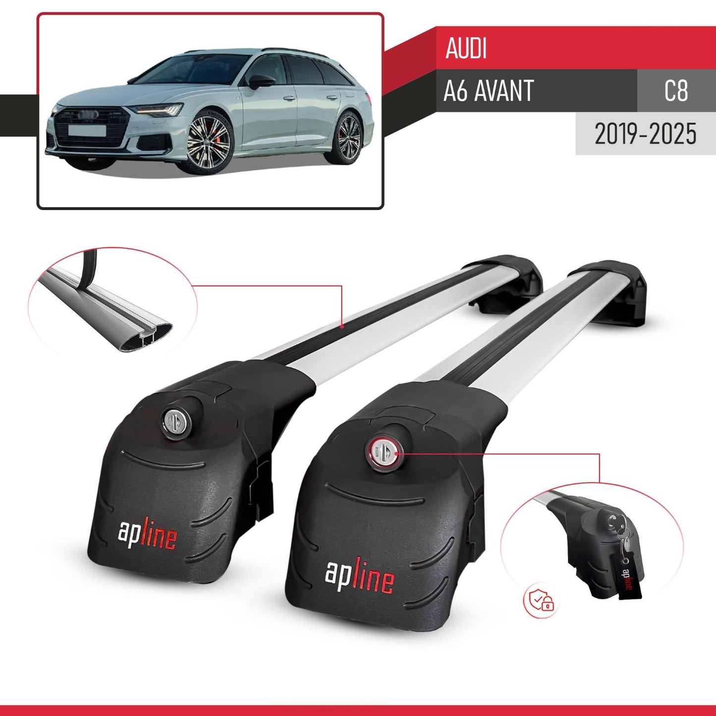 Compatible con A6 (C8) Avant 2019-2025 ACE-2 Barras de Techo Auto Portaequipajes Barras Transversales Gris Aluminio 2 Barras
