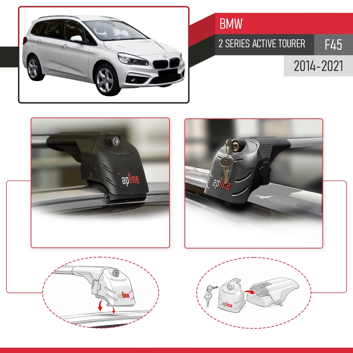 Compatible con BMW Serie 2 (F45) Active Tourer 2014-2021 ACE-2 Barras de Techo Auto Portaequipajes Barras Transversales Gris Aluminio 2 Barras