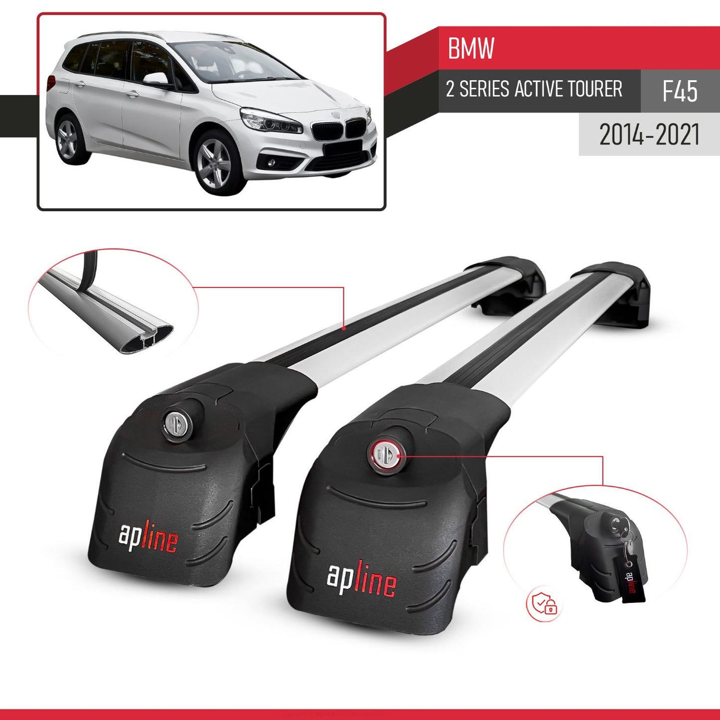 Compatible con BMW Serie 2 (F45) Active Tourer 2014-2021 ACE-2 Barras de Techo Auto Portaequipajes Barras Transversales Gris Aluminio 2 Barras