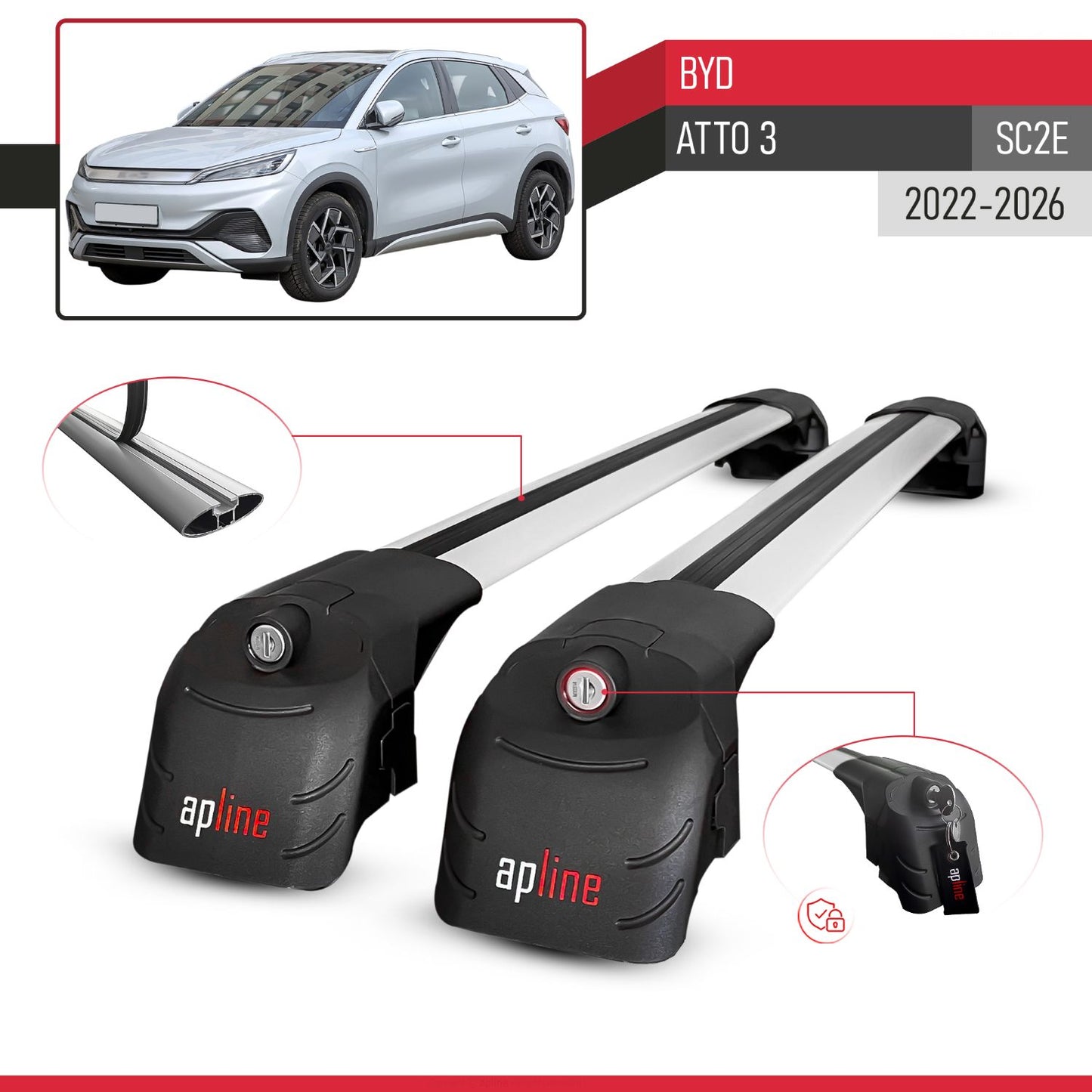 Compatible con BYD Atto 3 2022-2025 ACE-2 Barras de Techo Auto Portaequipajes Barras Transversales Gris Aluminio 2 Barras